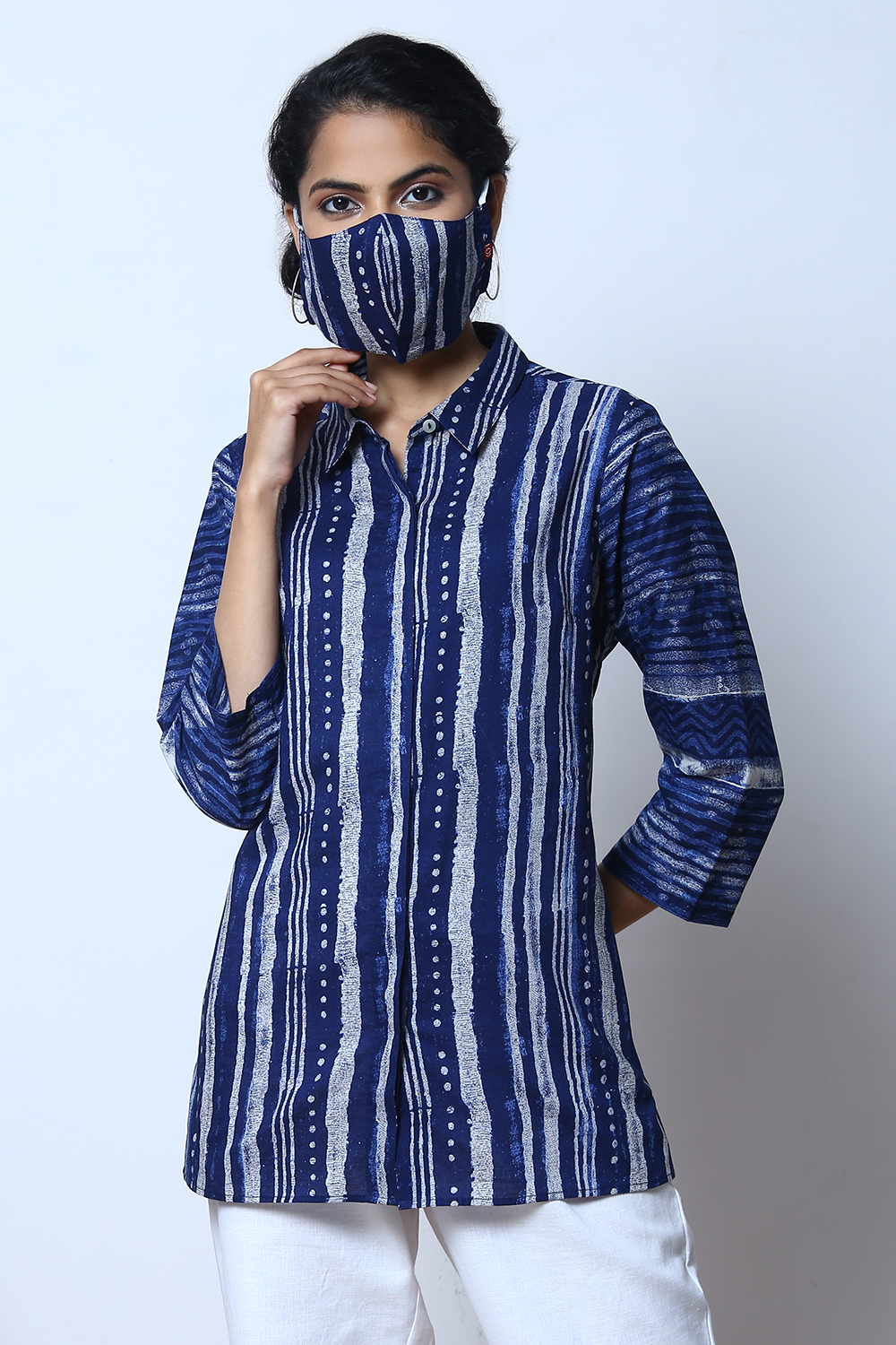 Indigo Cotton Shirt Printed Kurti image number 2