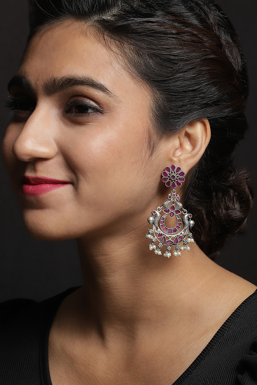 Dark Pink Oxidised Drop Earrings image number 1