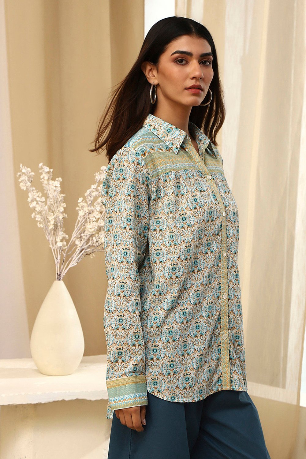 Blue Cotton Printed Straight Shirt image number 4