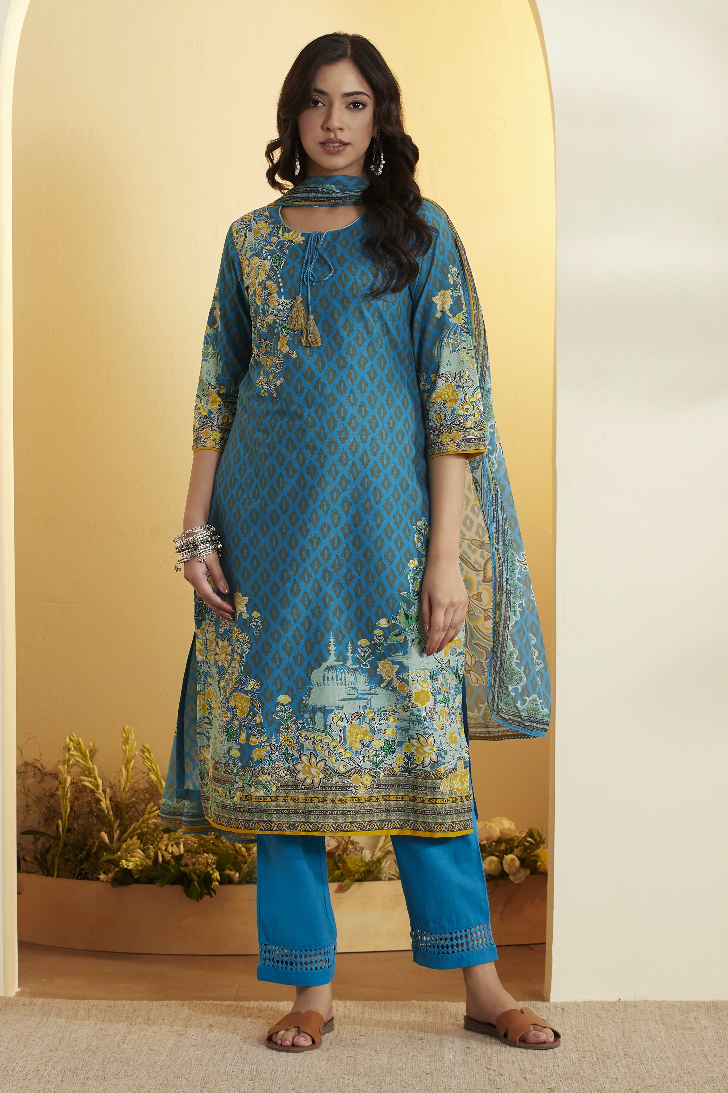 Turquoise Cotton Straight Printed Kurta Ankle Length Suit Set image number 6
