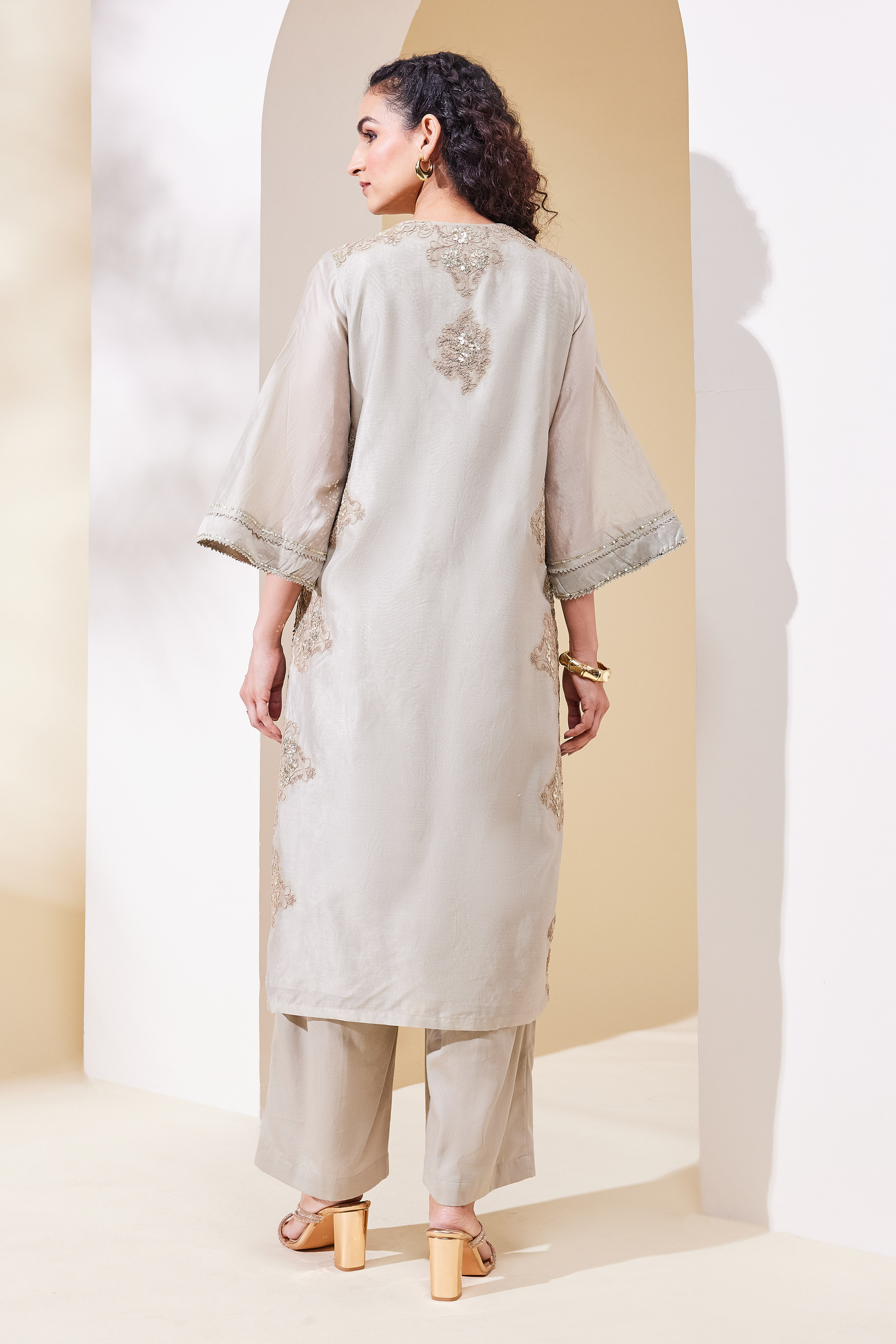 Beige Cotton Blend Straight Embroidered Suit Set image number 4