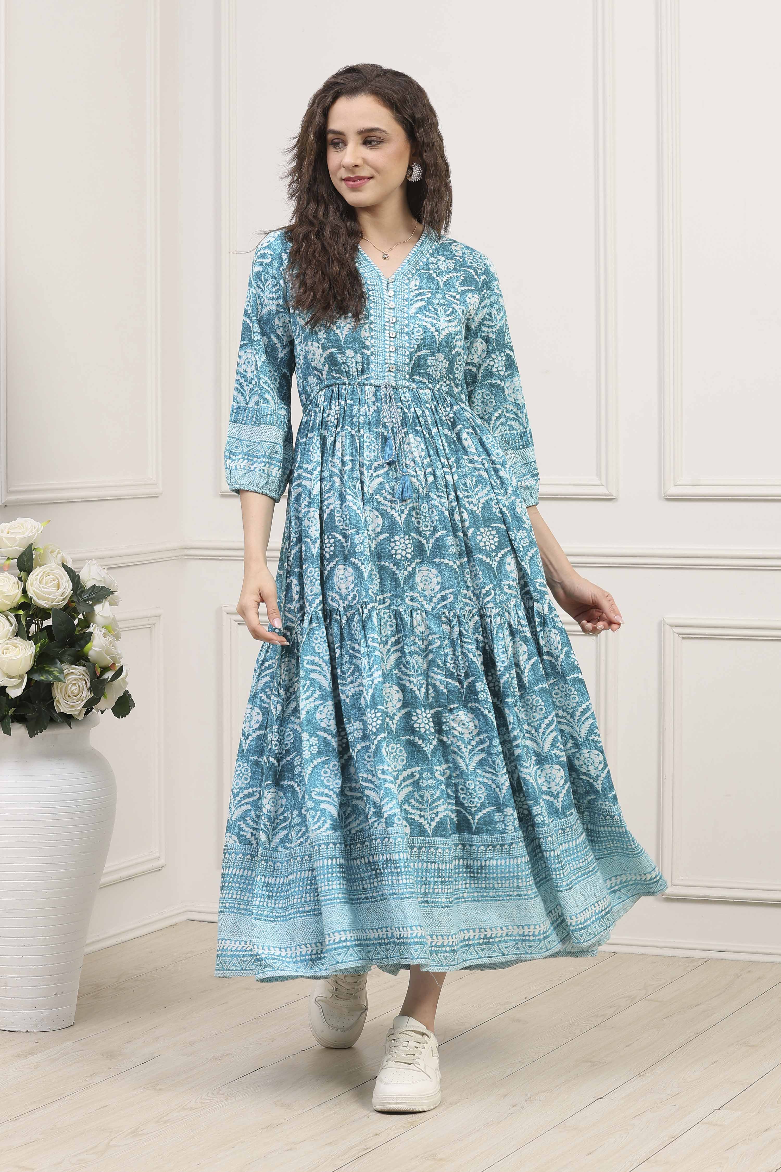 Turquoise Printed Tiered Dress image number 0