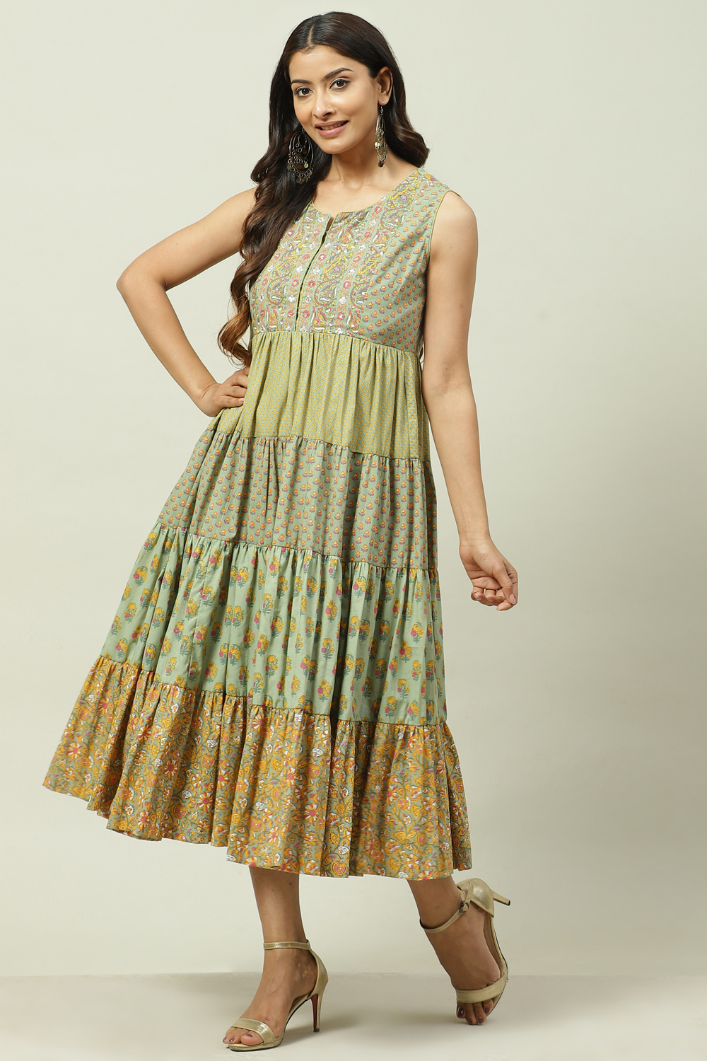 Pink Cotton Flared Fusion Printed Dress image number 2