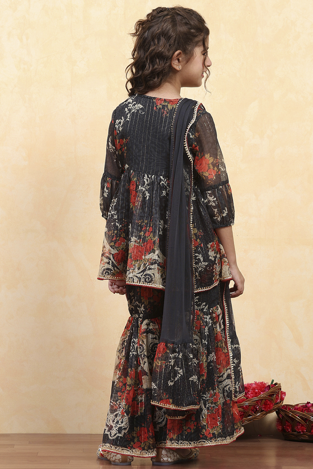 Black Polyester Printed Peplum Sharara Suit Set image number 4