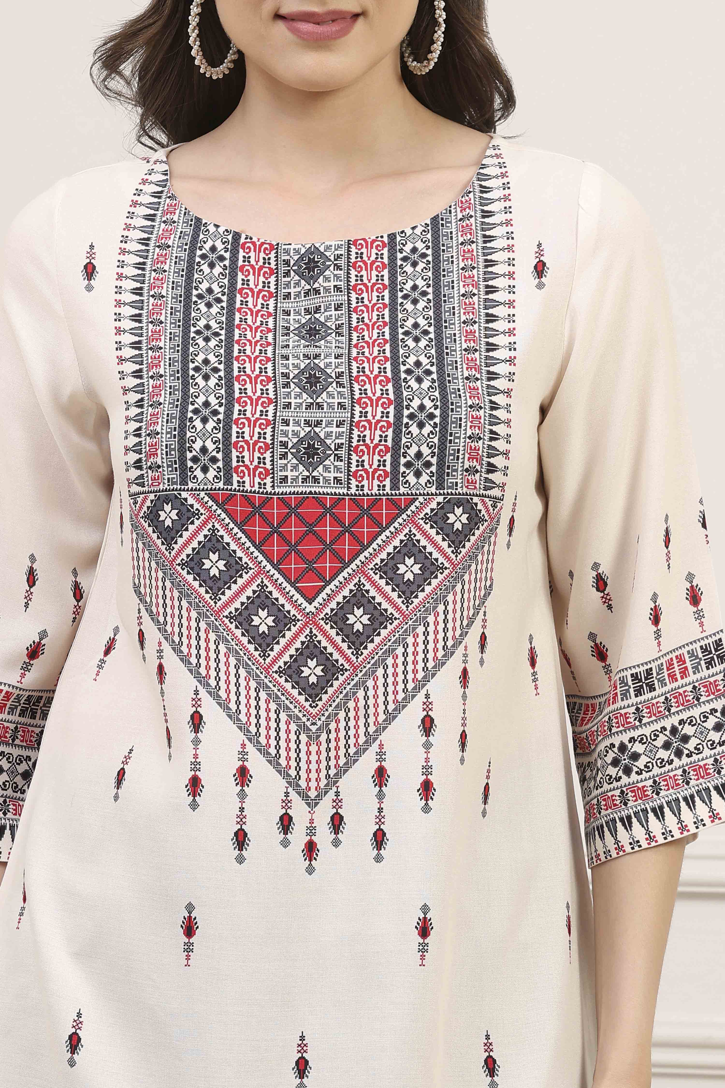 Ecru LIVA Straight Printed Kurti image number 1