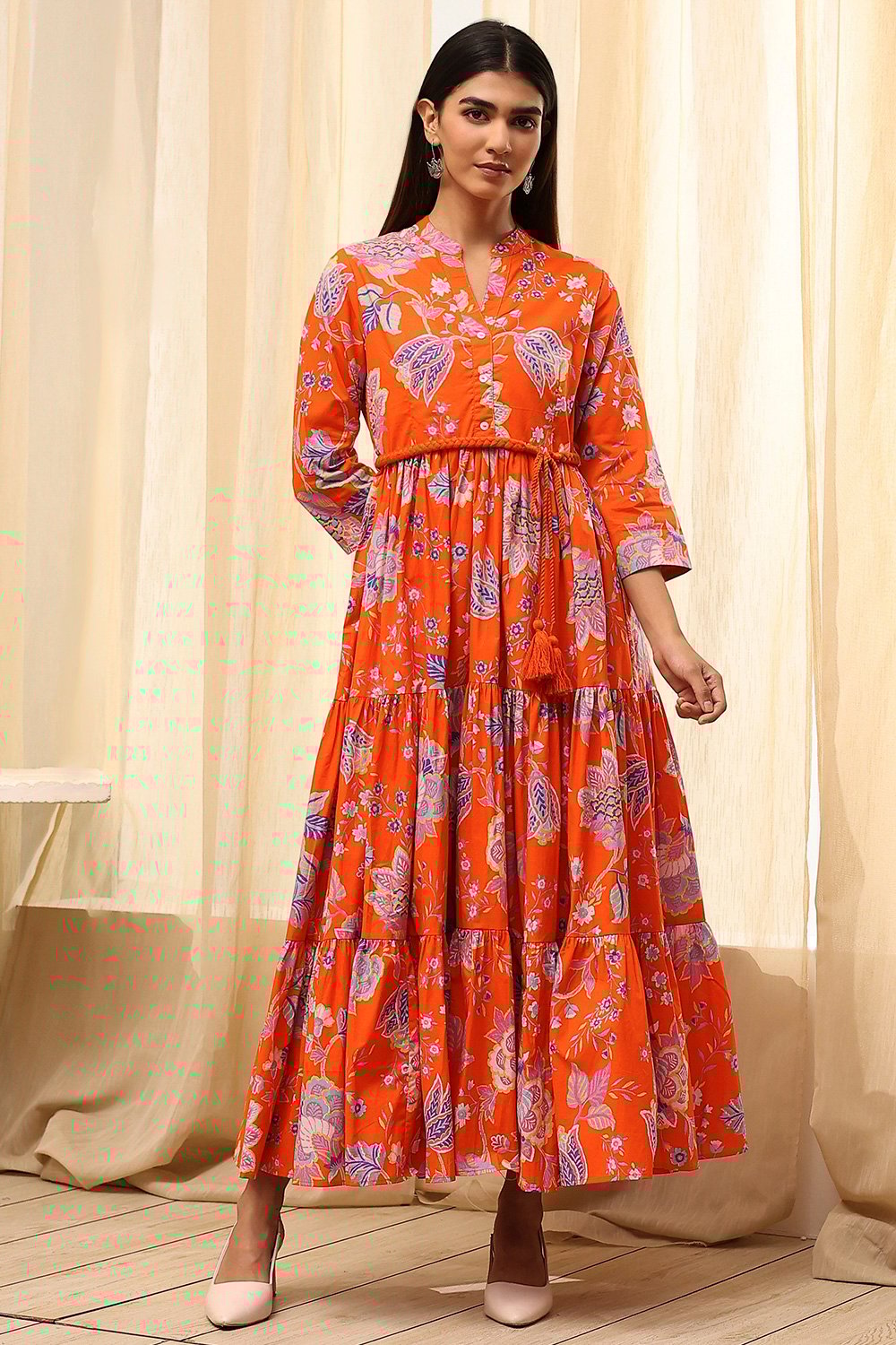 Earthy Blue Cotton Floral Tiered Dress image number 5