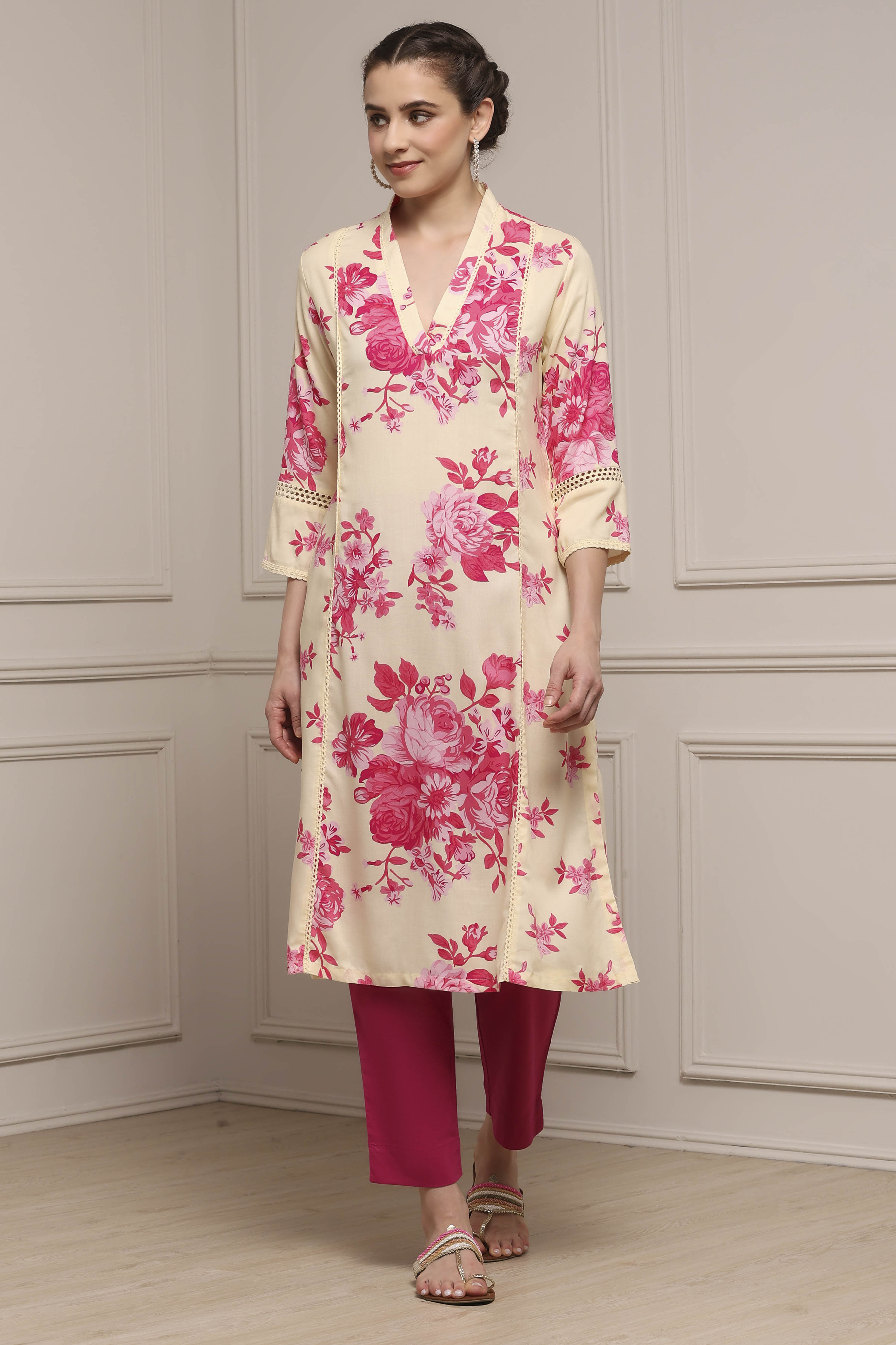 Pink Viscose Rayon A-Line Kurta image number 0