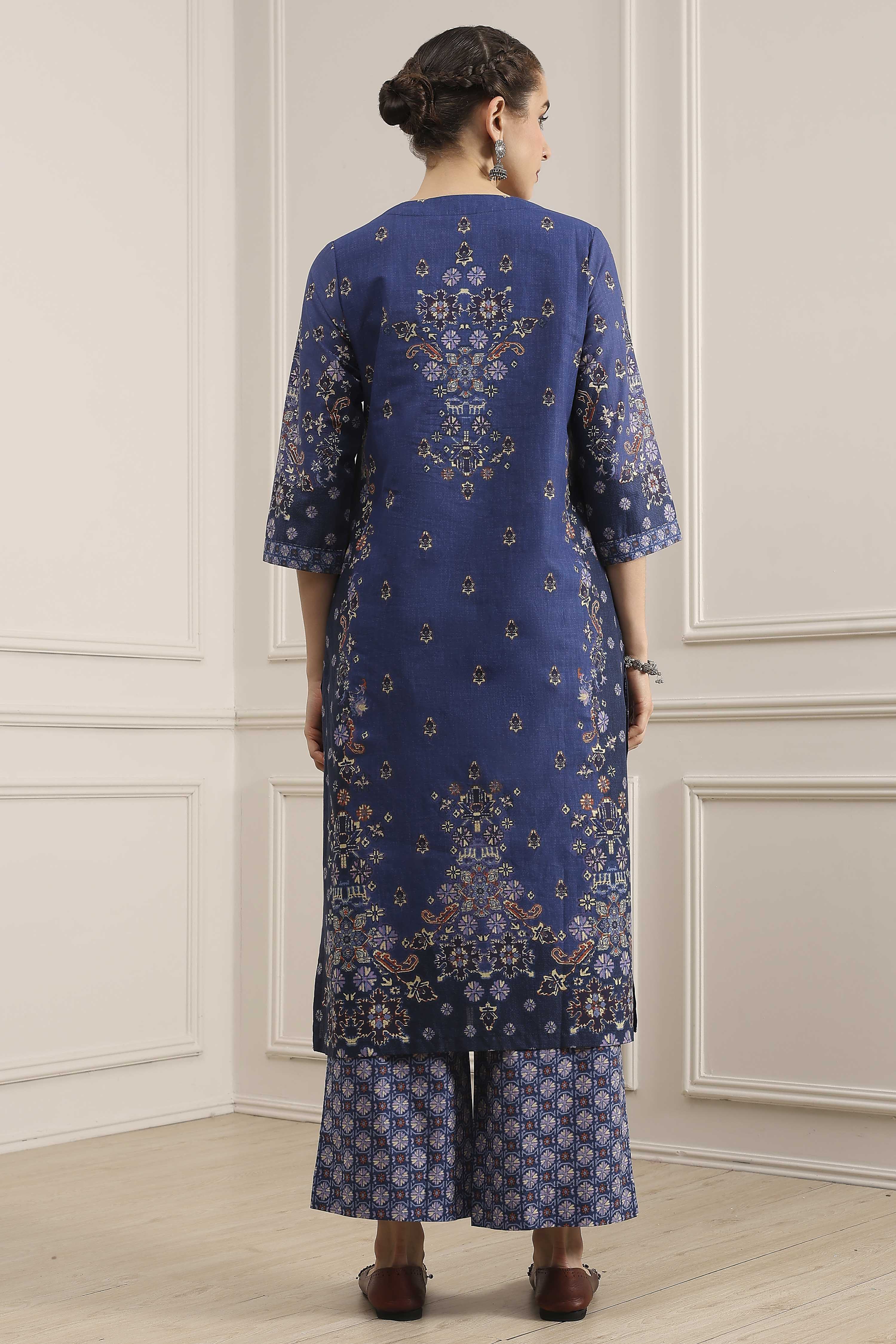 Blue Cotton Straight Printed Suit Set image number 4