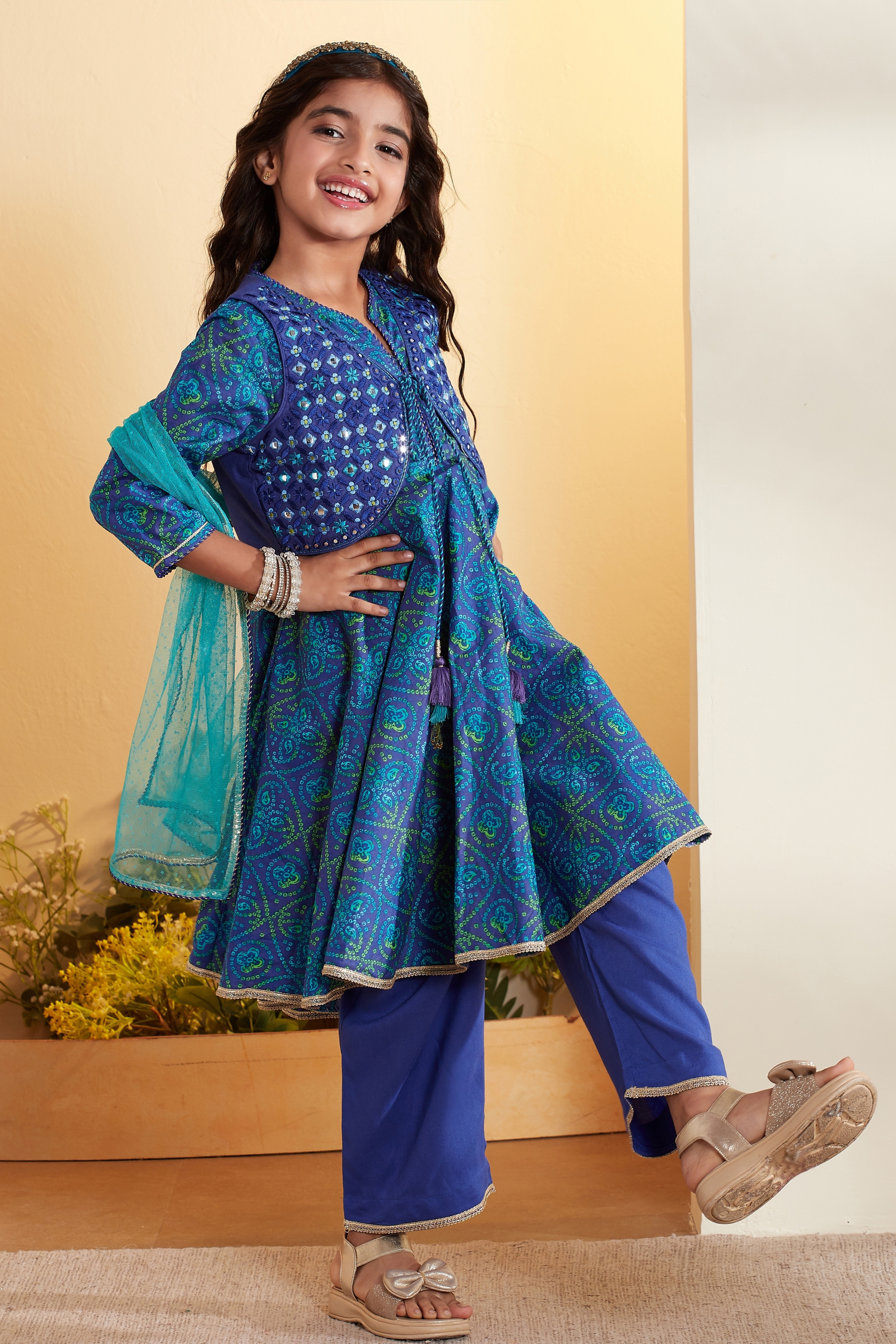 Green & Blue Cotton Printed Anarkali Kurta Set image number 6