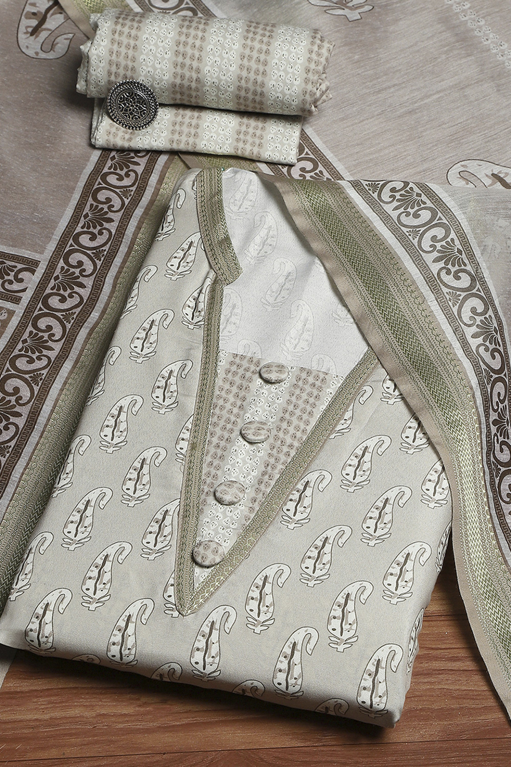 Beige Cotton Modal Digital Print Unstitched Suit Set image number 0