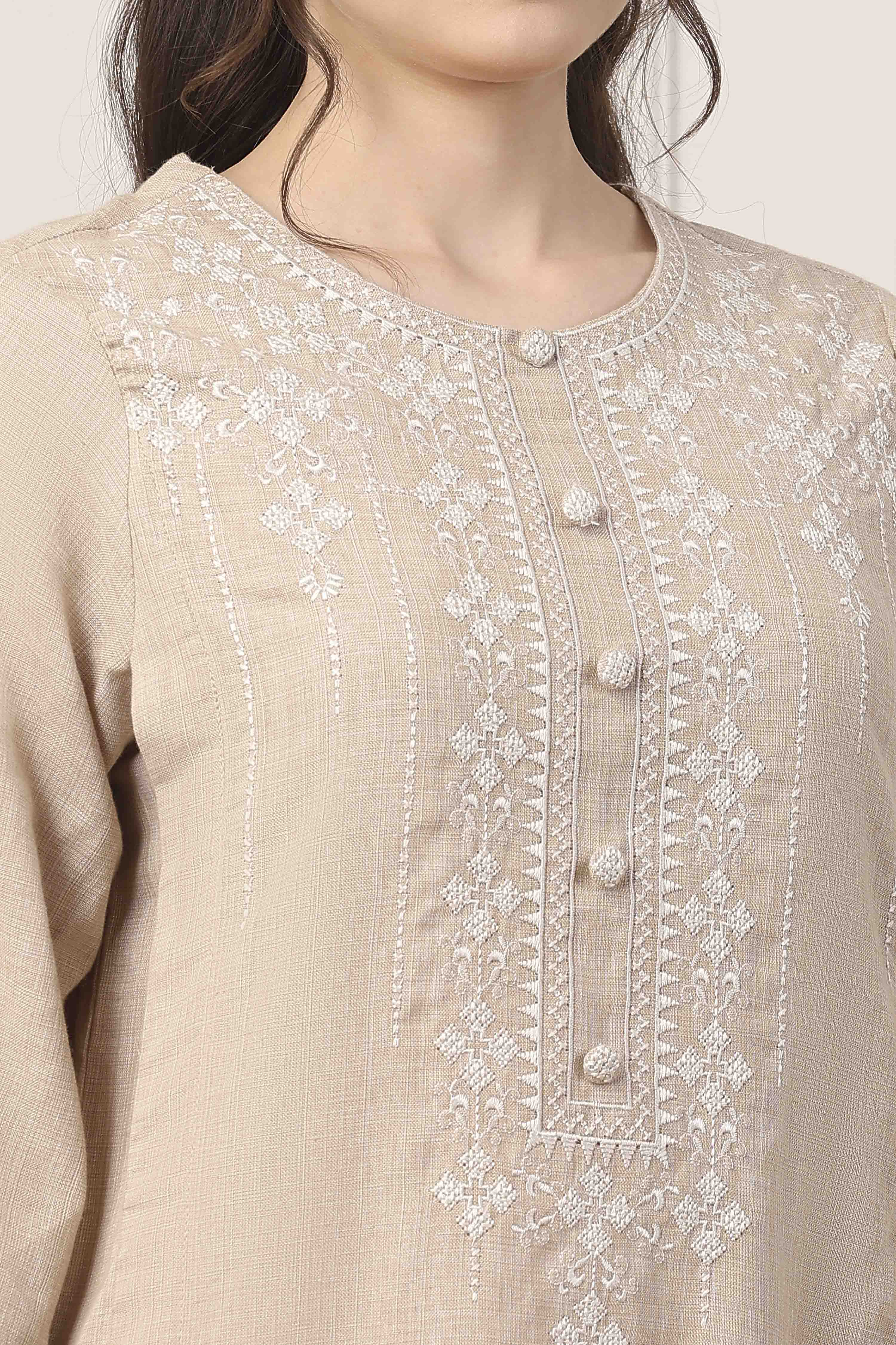 Beige Cotton Straight Suit Set image number 1