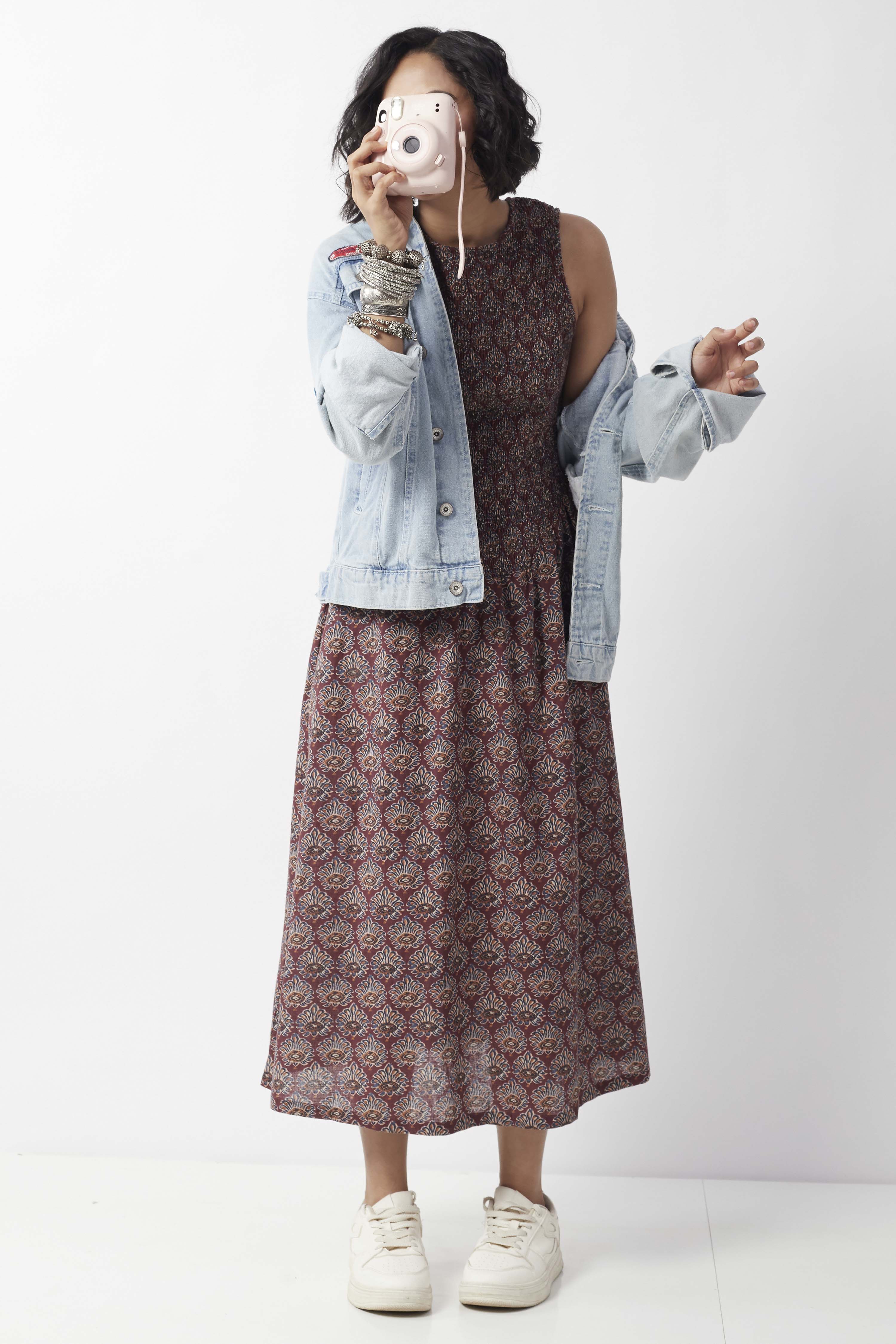 Maroon Cotton Printed Smocked Dress image number 6