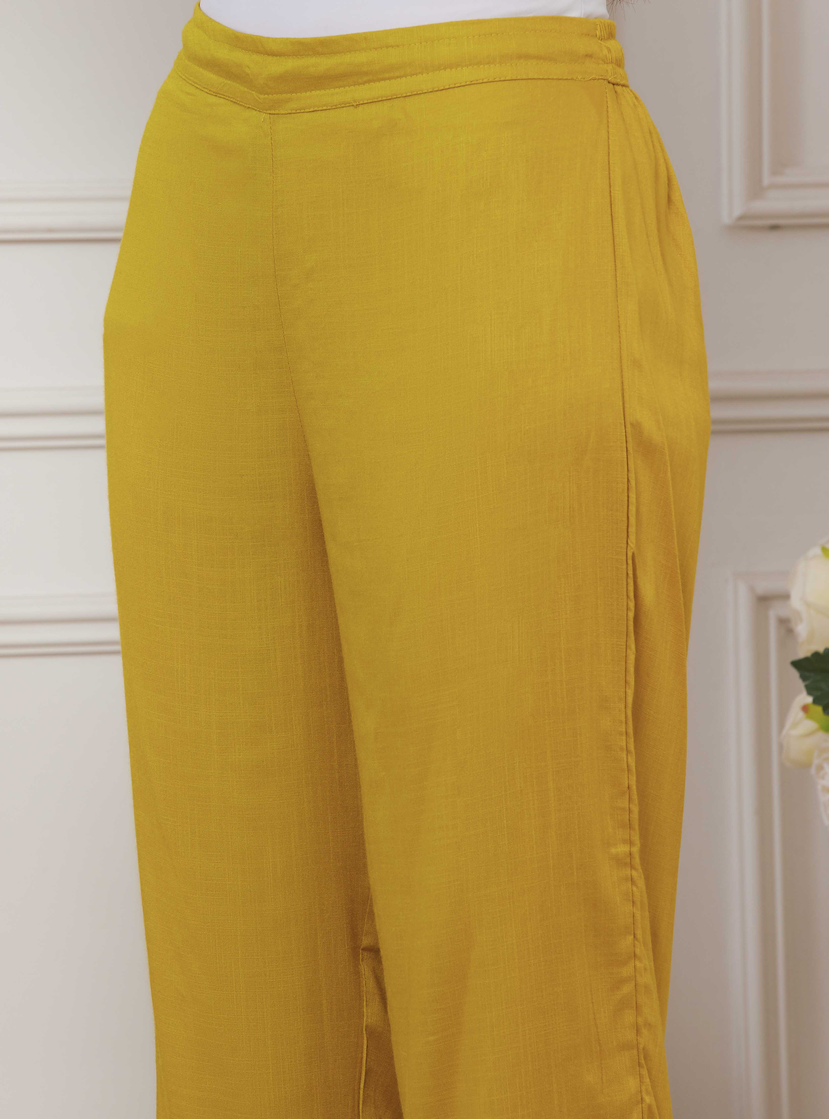 Lime Yellow Chanderi Floral Printed Asymmetric Straight Kurta Set image number 2