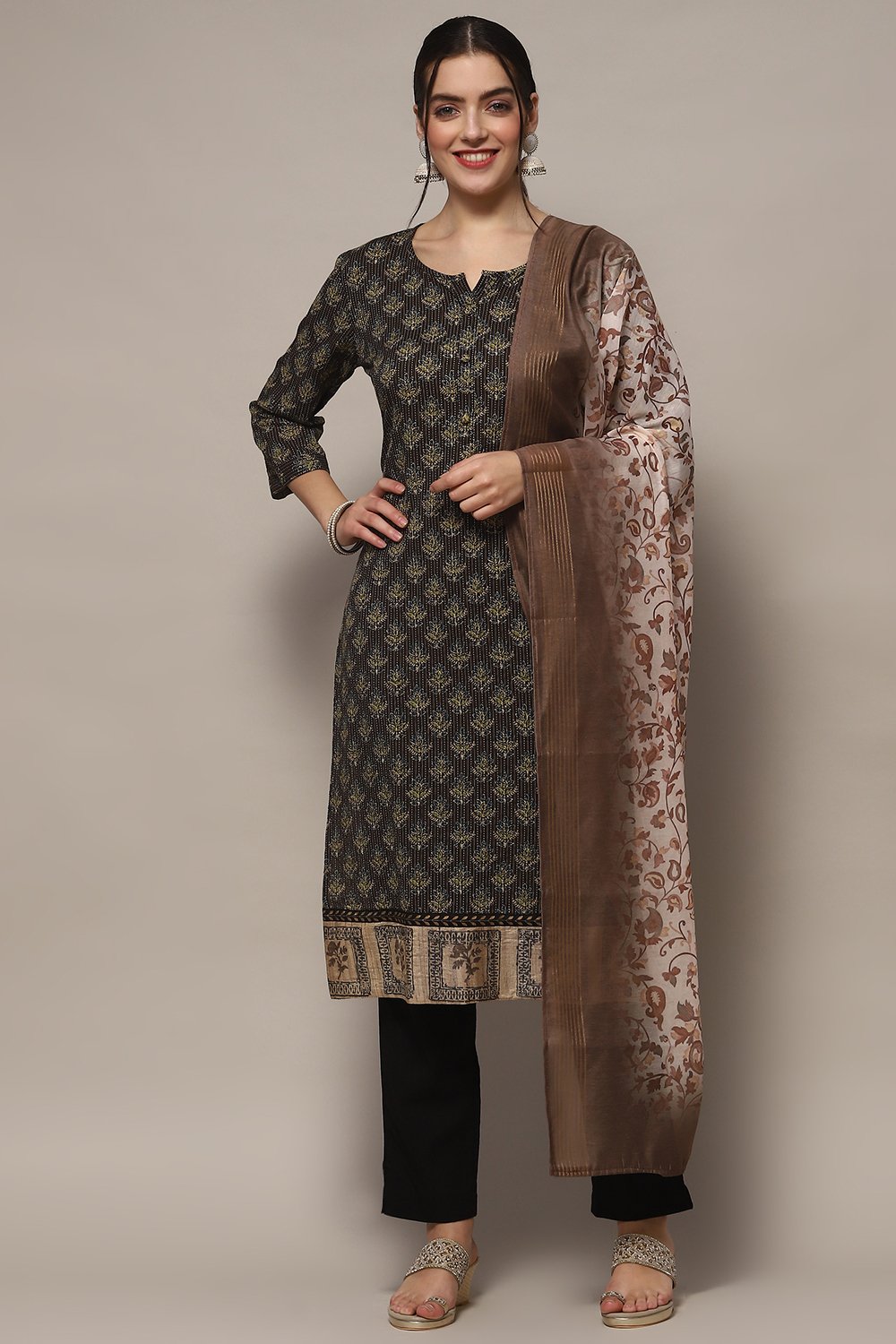 Mustard Tussar Unstitched Suit set image number 1