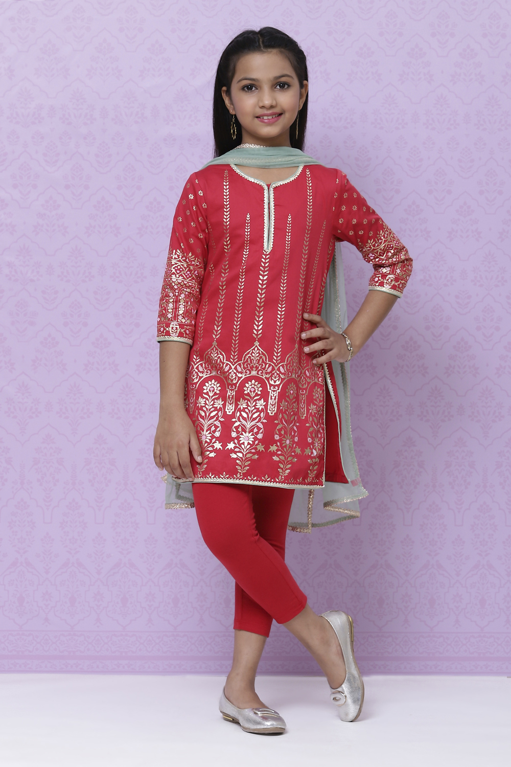 Red Cotton Girls Straight Kurta Legging Suit Set image number 0