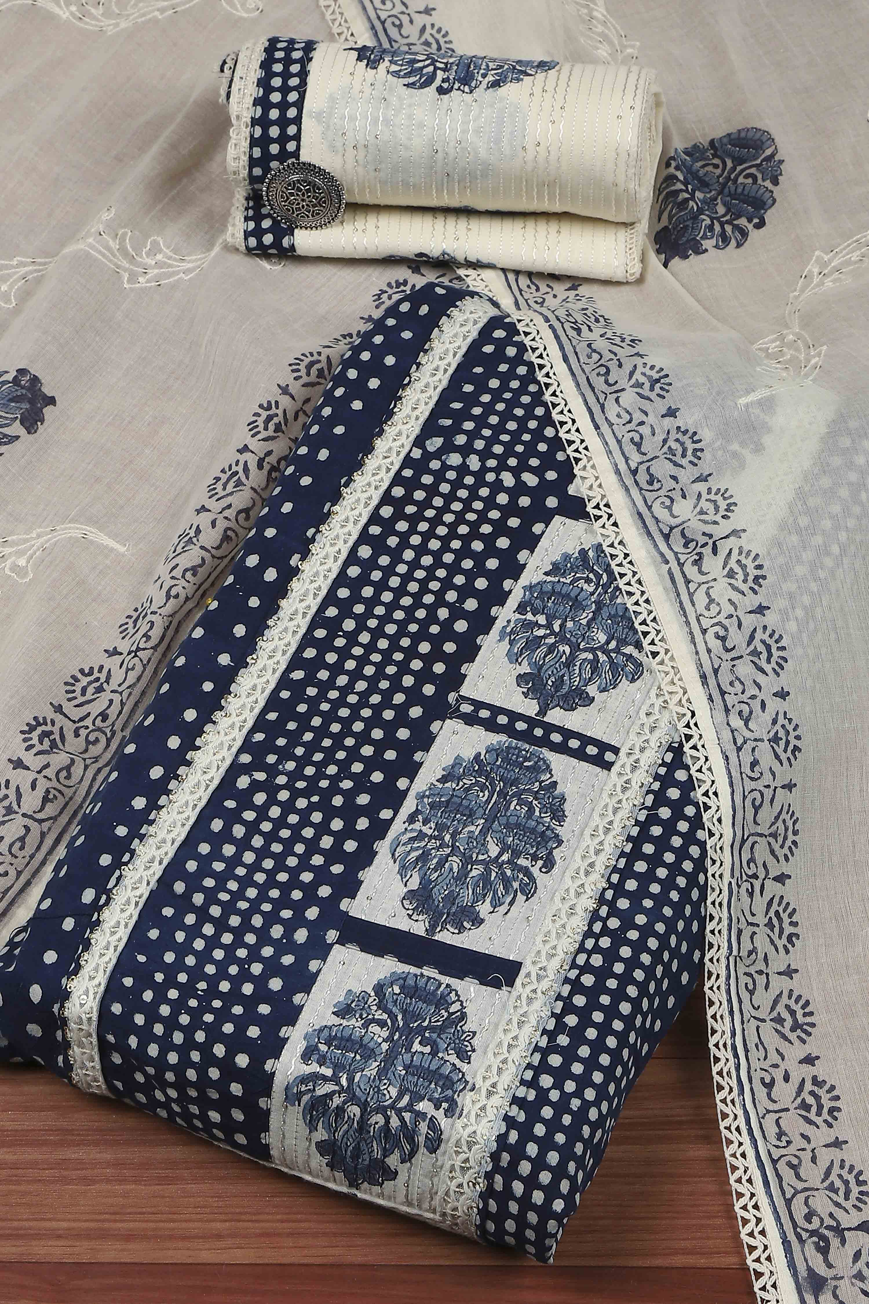 Indigo Cotton Printed Embroidered Unstitched Suit Set image number 0