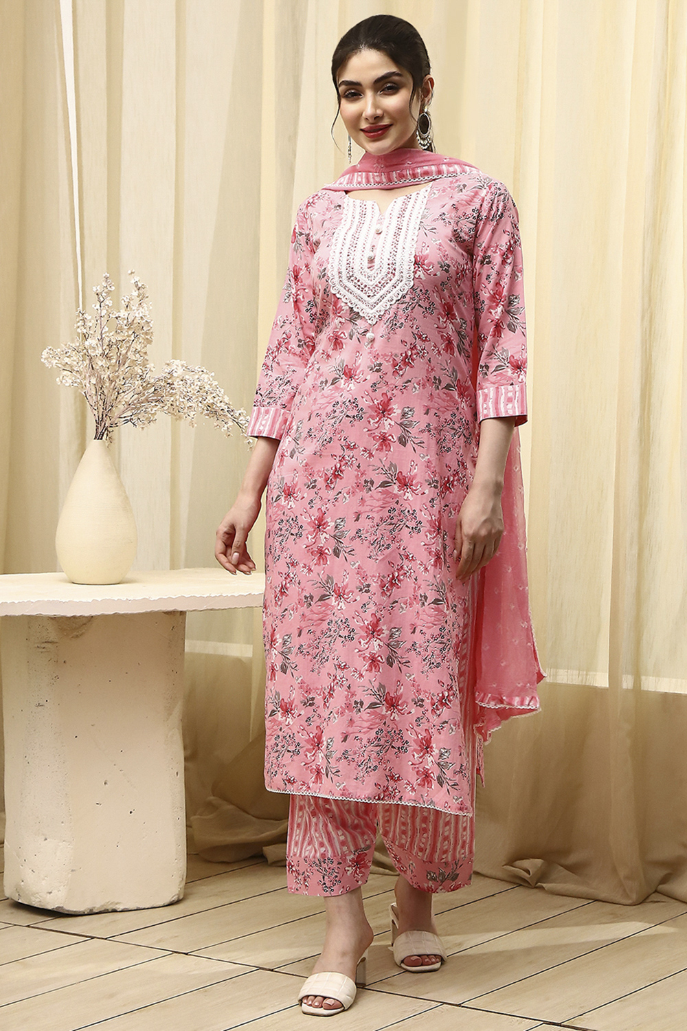 Pink Cotton Printed Embroidered Unstitched Suit Set image number 7