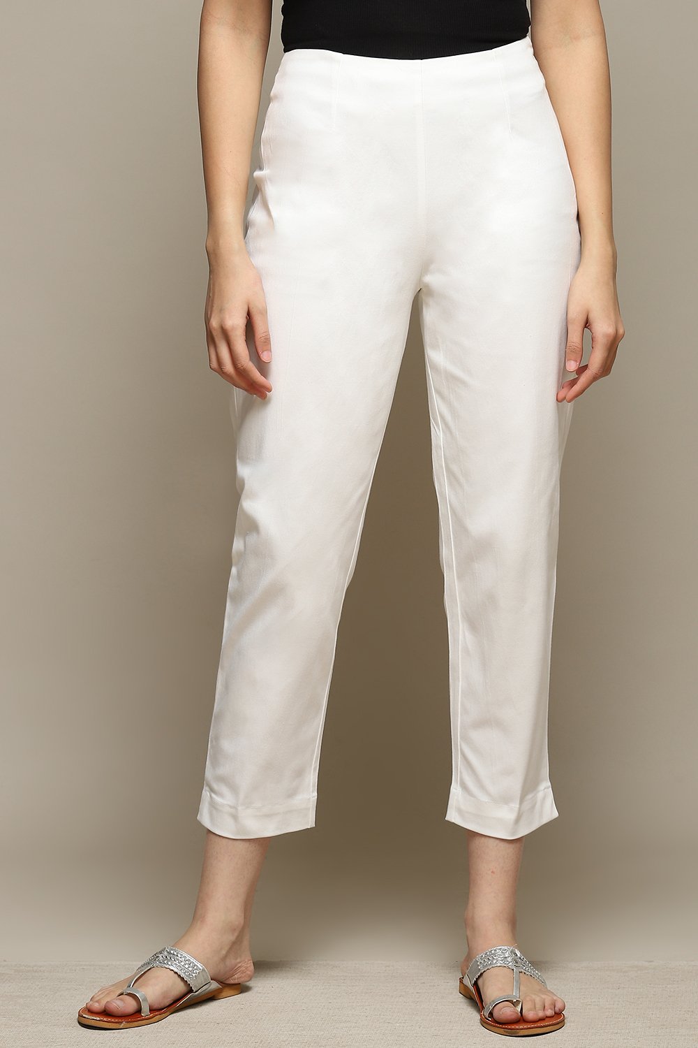 Beige Cotton Blend Slim Pant image number 5