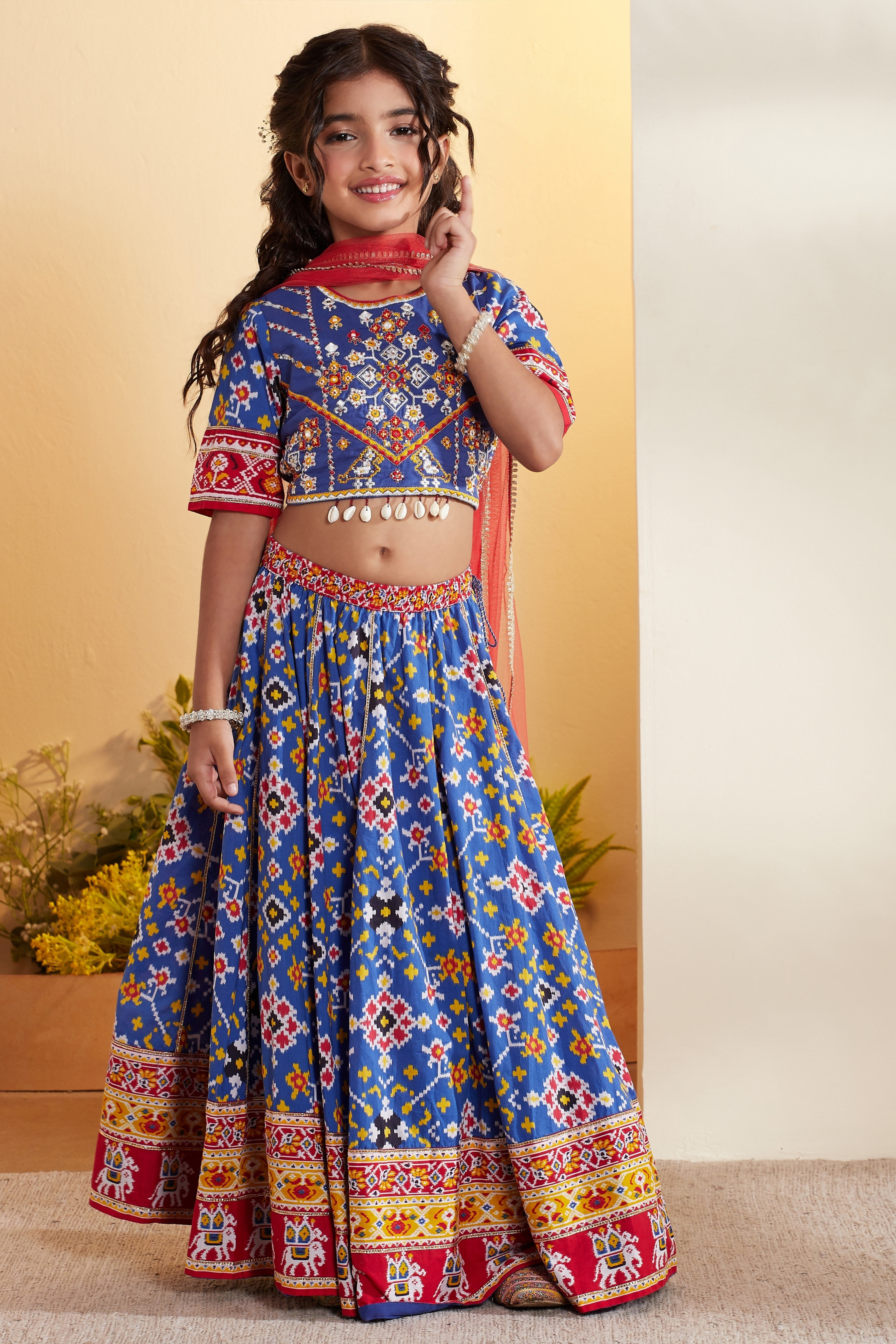 Blue Cotton Printed Kalidar Lehenga Set image number 6