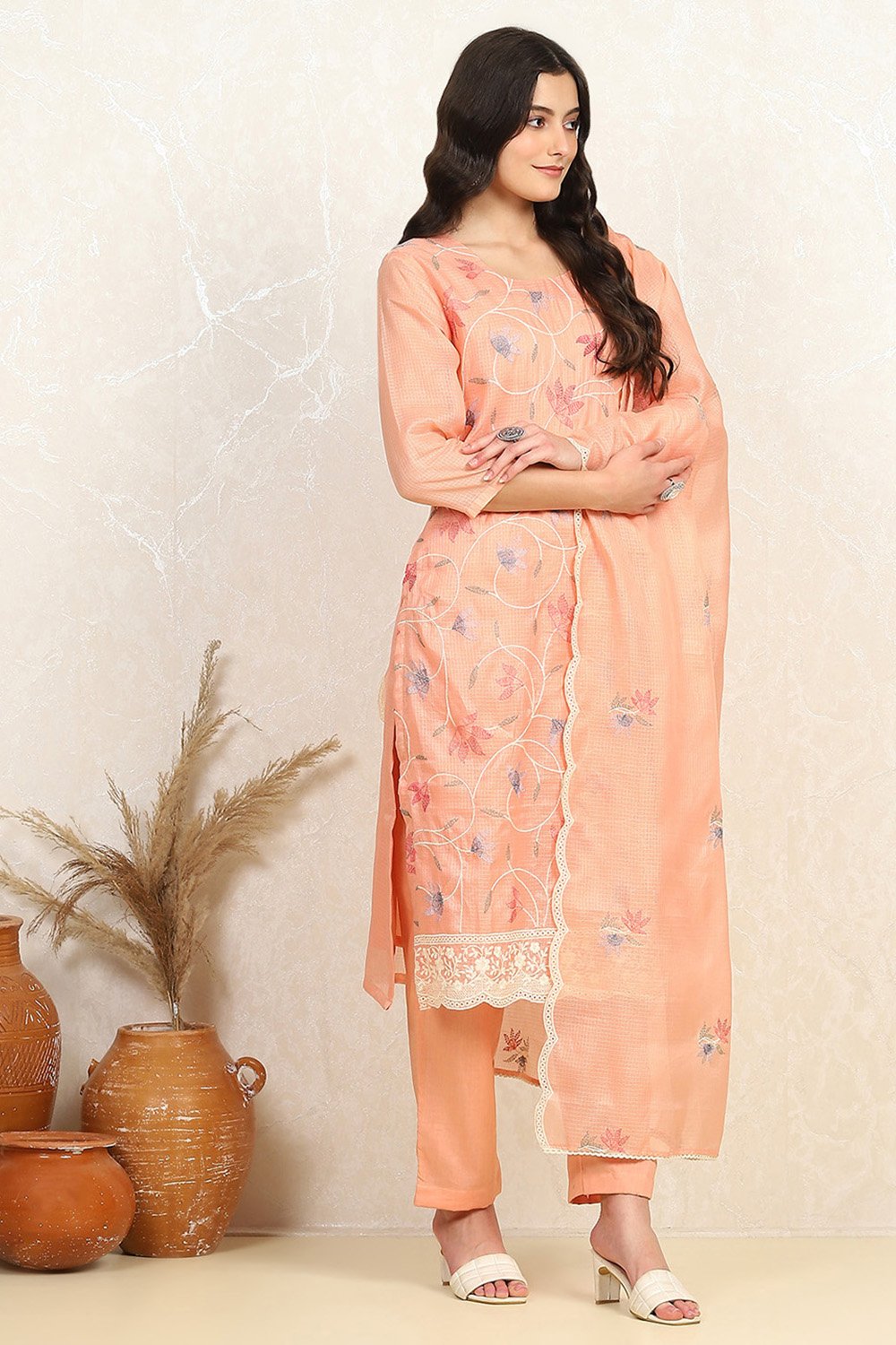 Peach Cotton Machine Embroidered Unstitched Suit Set image number 6