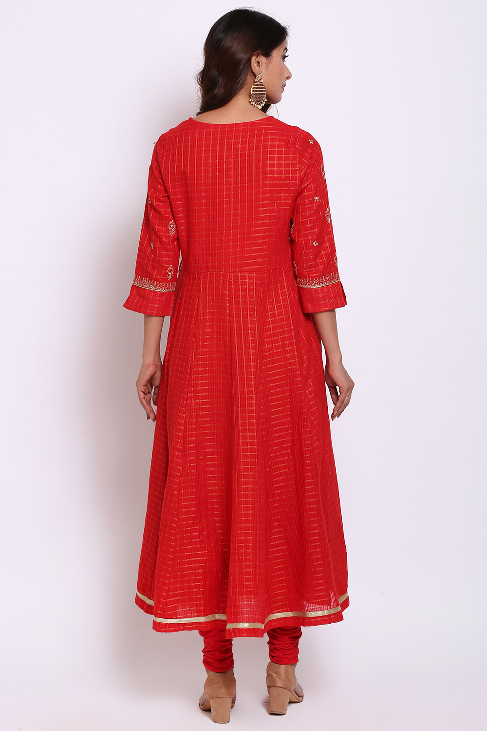 Red Metallic Cotton Anarkali Kurta Churidar Suit Set image number 5