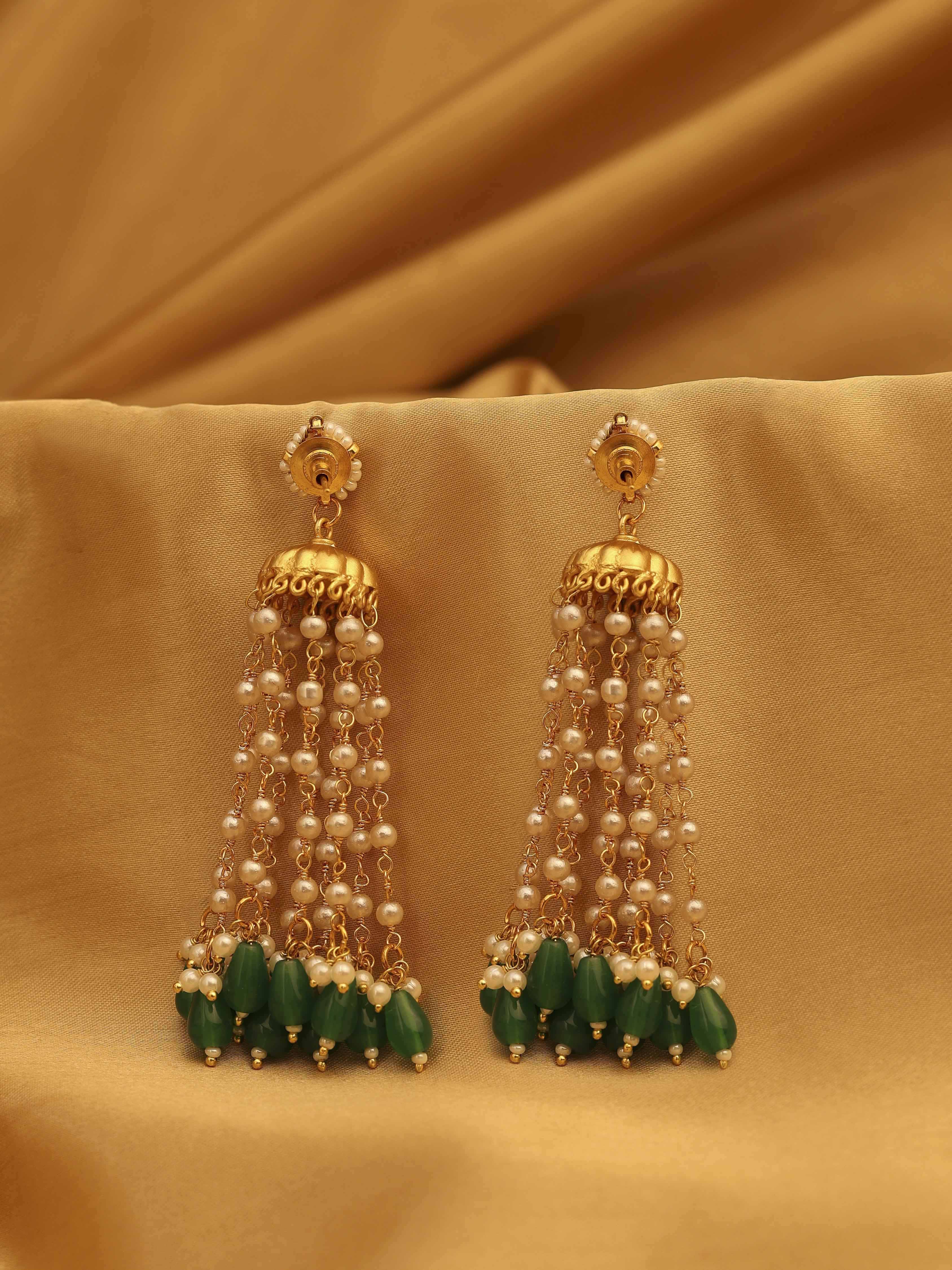 Green Gold Plated Brass Jhumkas image number 2