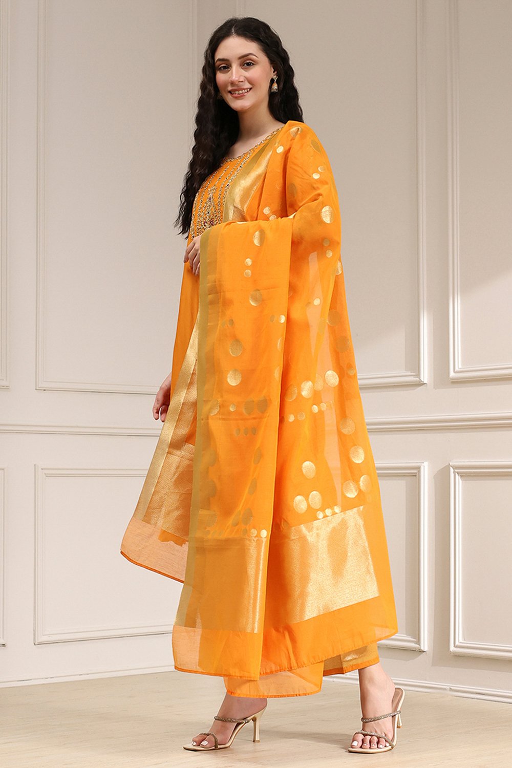 Orange Solid Straight Suit Set image number 3