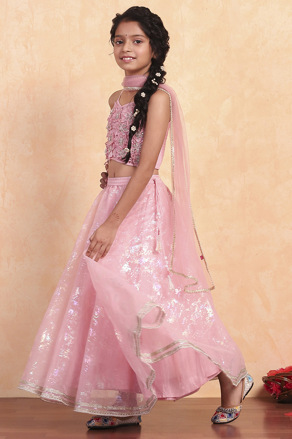 Pink Viscose Printed Flared Lehenga Set image number 3