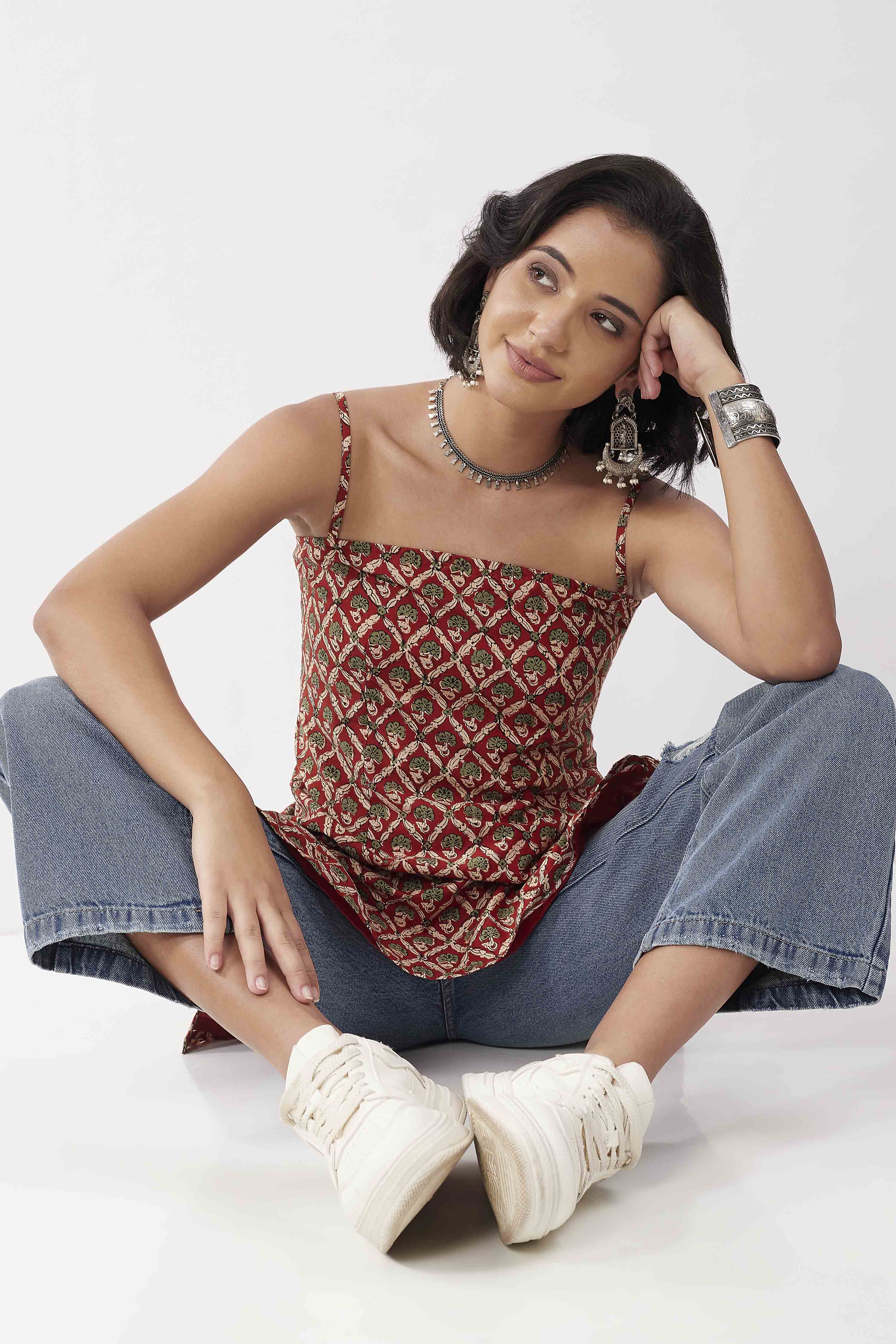 Rust Cotton Printed A Line Short Kurti image number 6