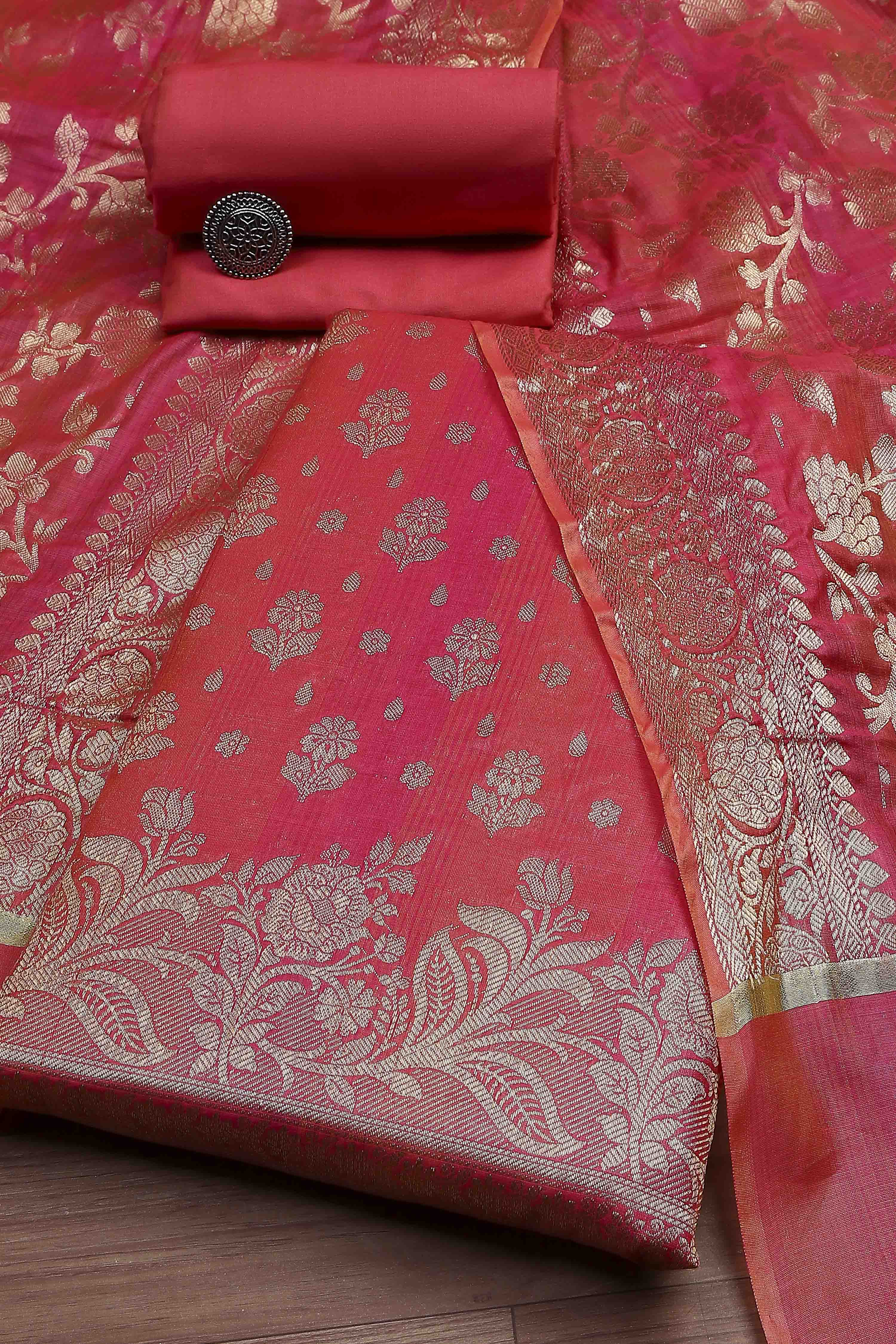 Pink Cotton Printed Embroidered Unstitched Suit Set image number 0
