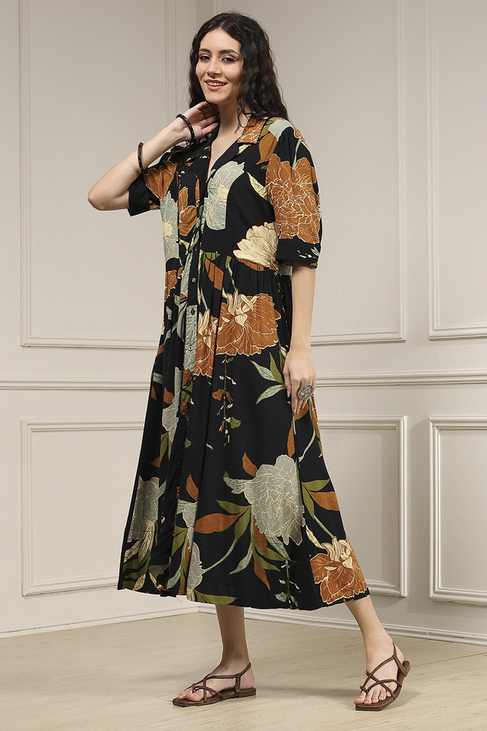 Black Viscose Rayon Straight Printed Dress image number 2