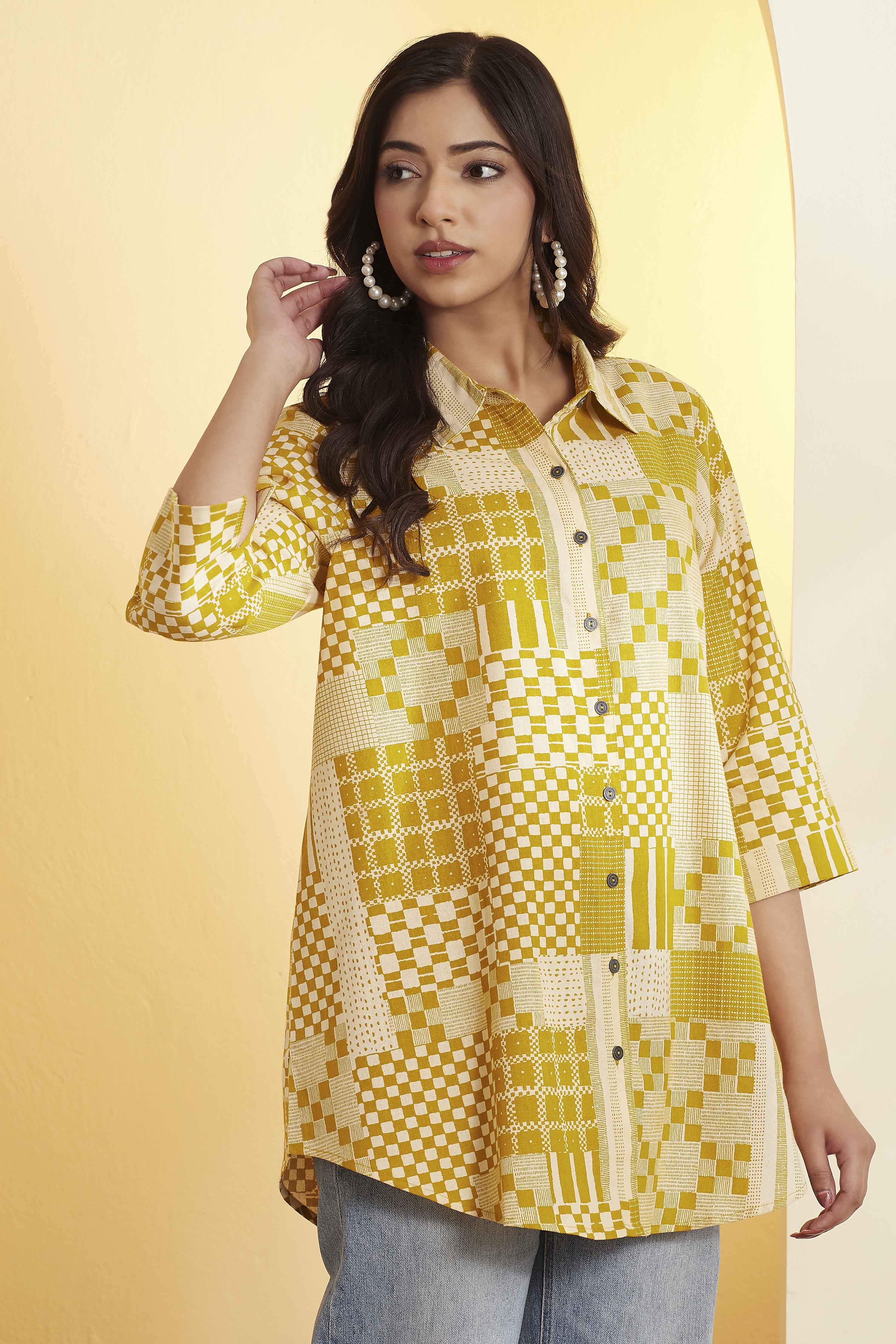 Navy Blue Cotton Checked A-Line Shirt Style Kurta image number 3