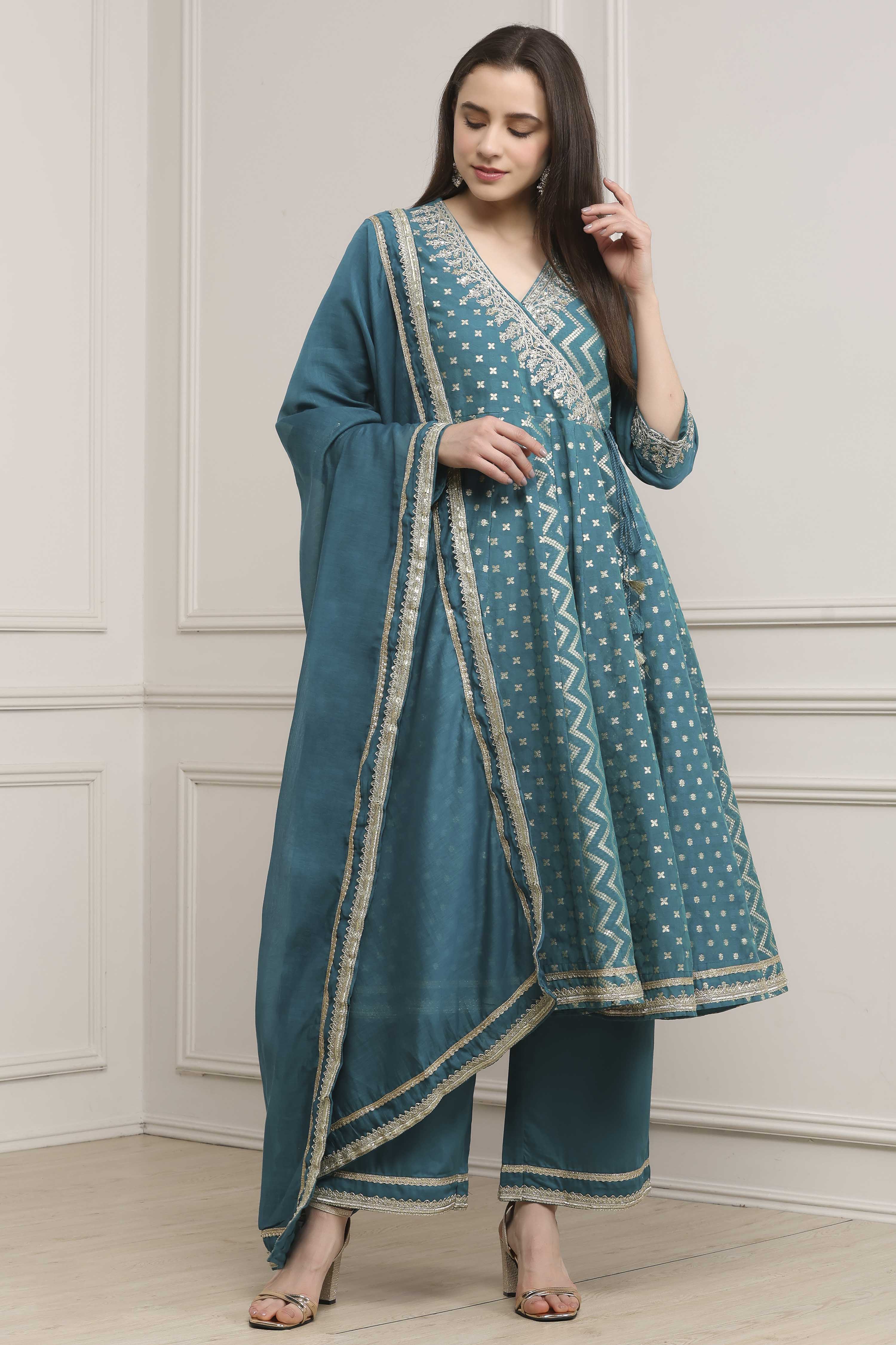 Teal Green Poly Cotton Anarkali Suit Set image number 6