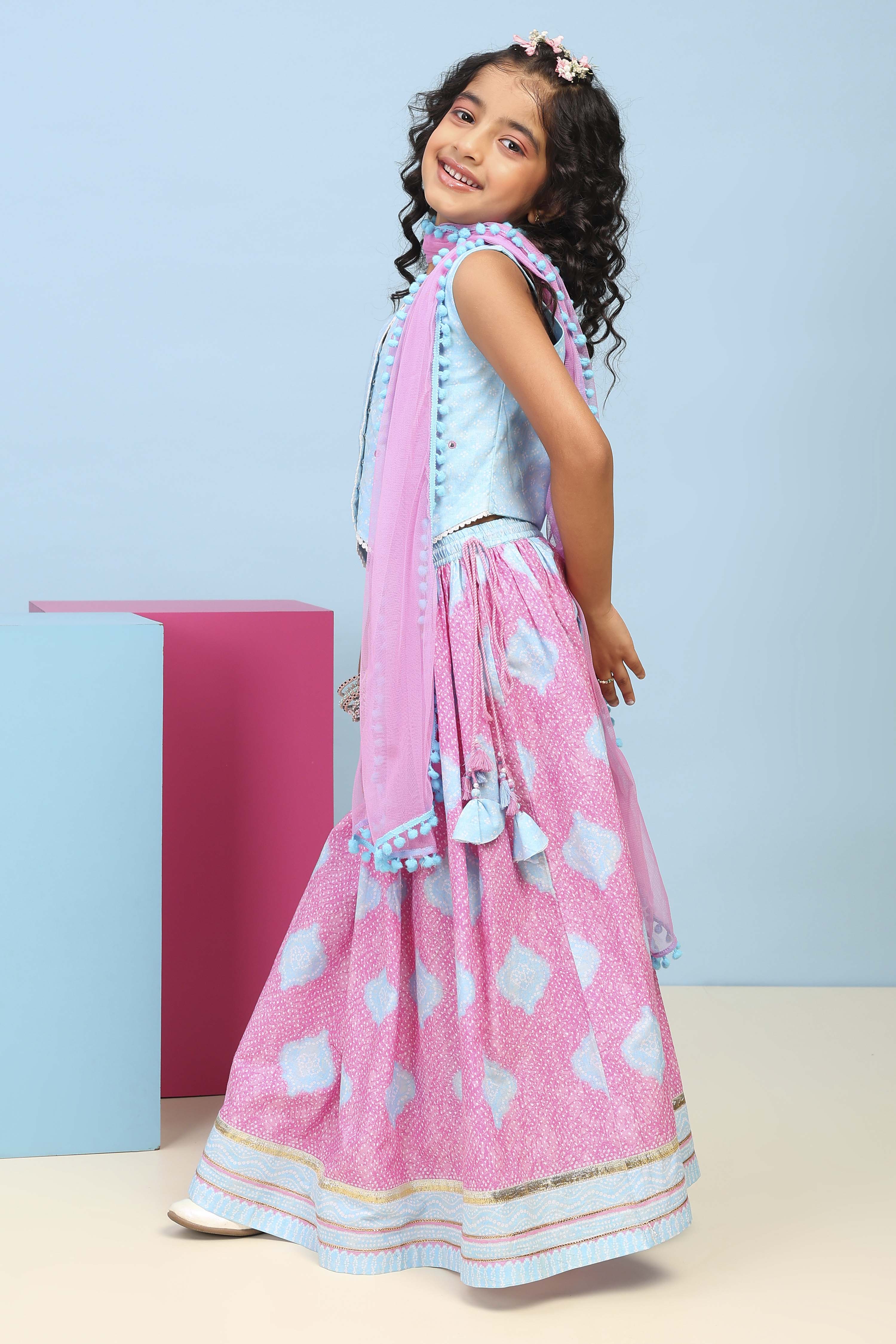 Blue Cotton Printed Straight Lehenga Set image number 3