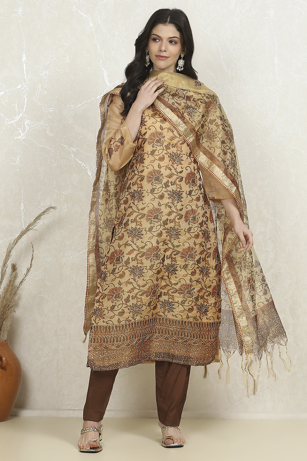 Rust Tissue Machine Embroidered Unstitched Suit Set image number 1