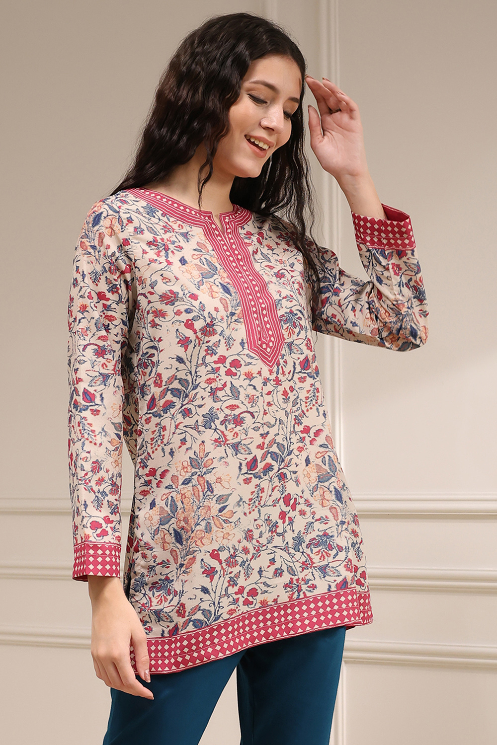 Beige Polyester Straight Printed Top image number 0