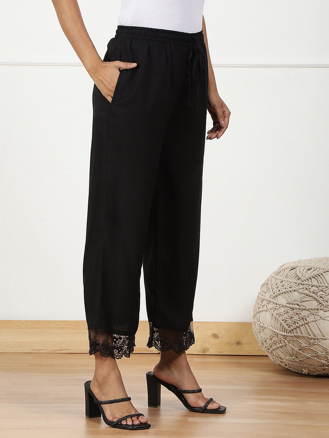 Black Rayon Regular Solid Palazzo image number 3