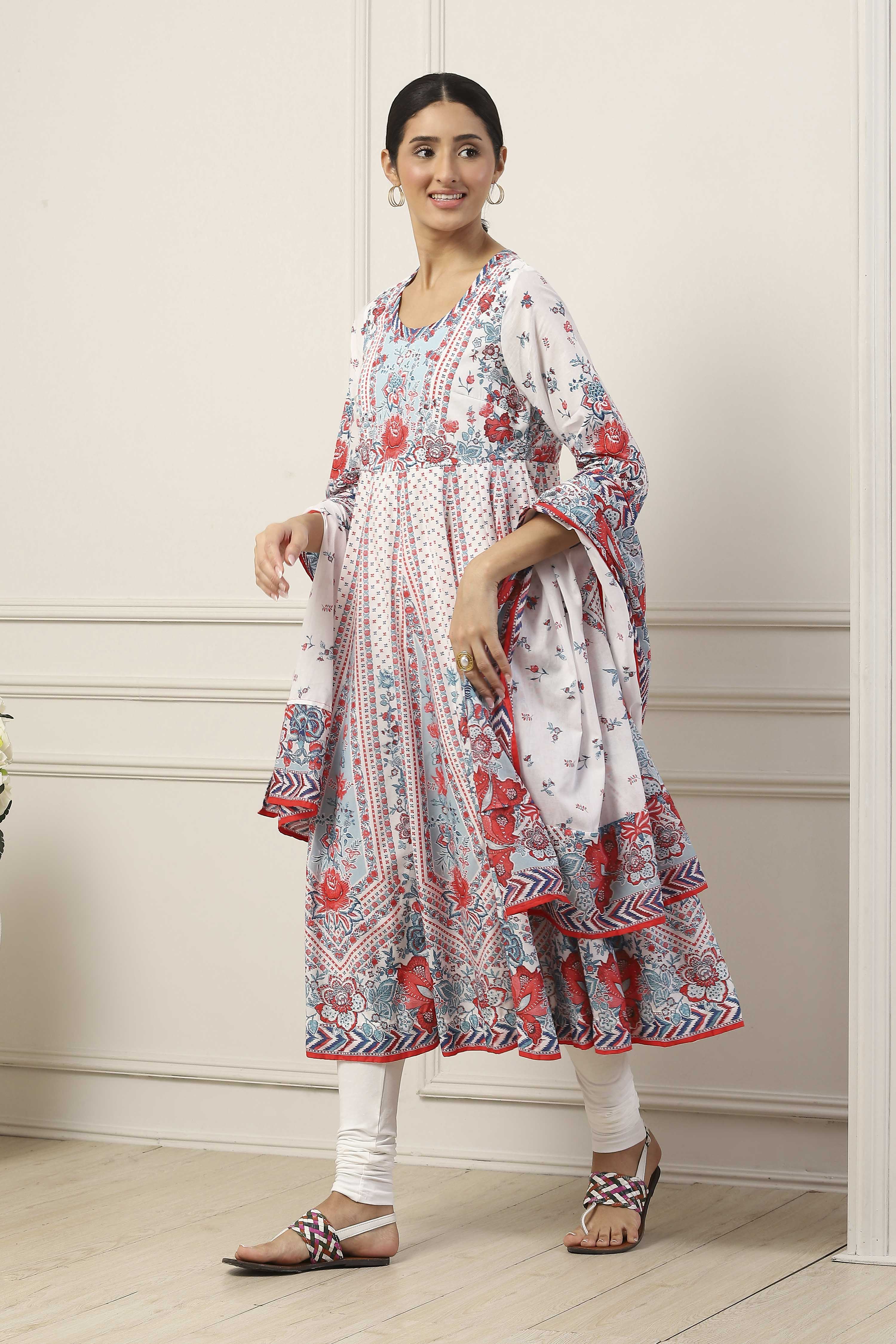 White Cotton Floral Printed Kalidar Suit Set image number 3