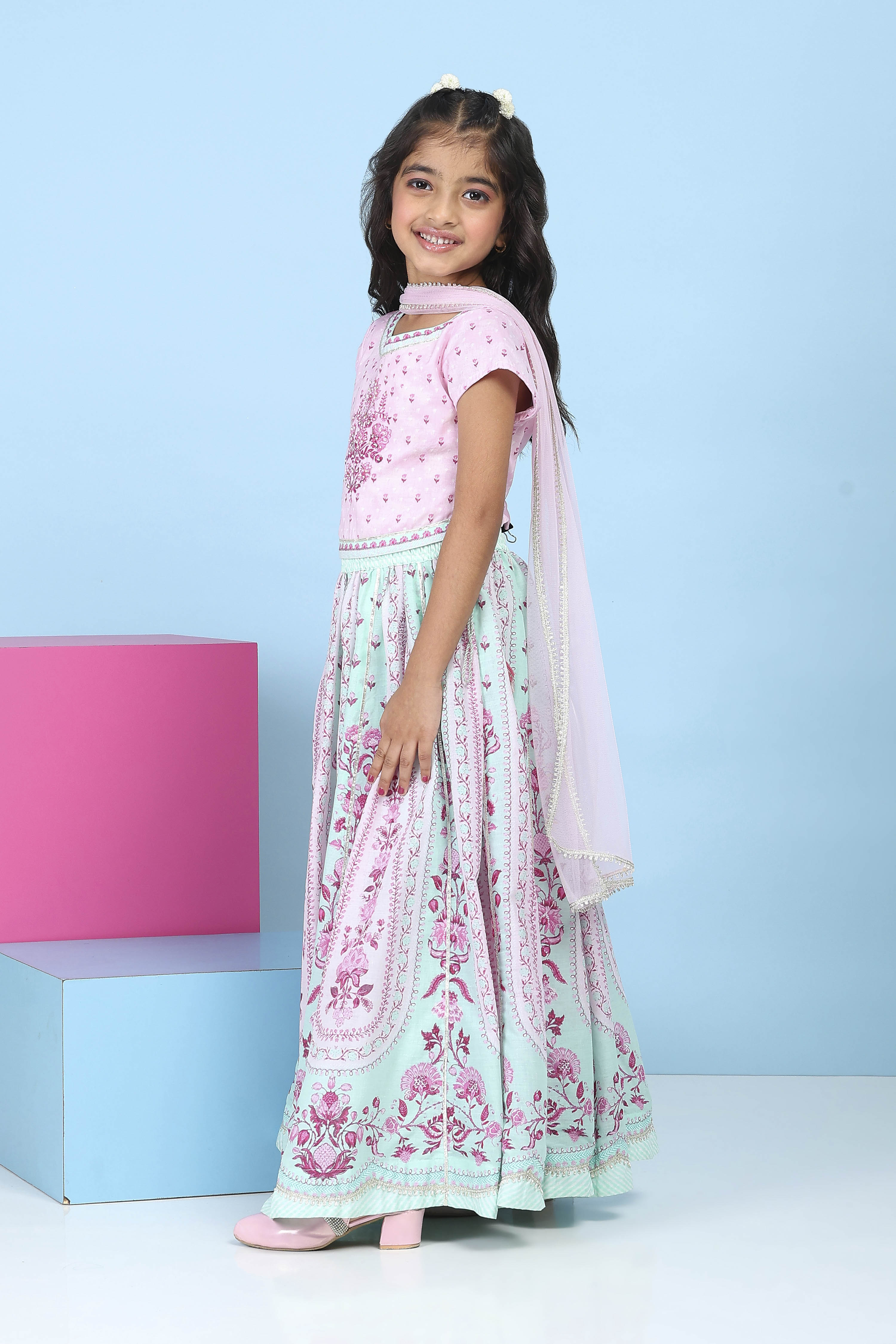 Pink Cotton Ethnic Motif Printed Lehenga Set image number 3