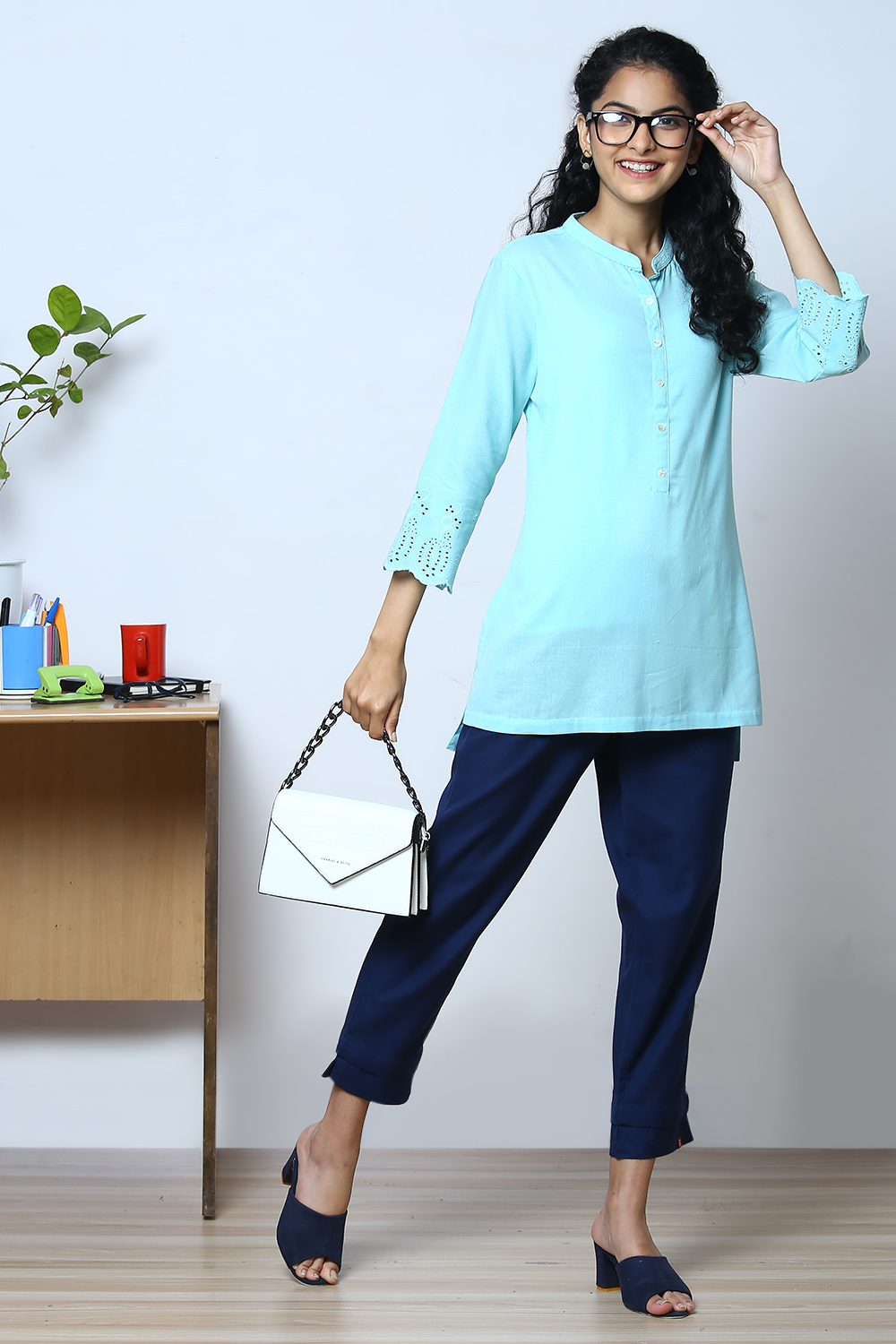 Black Cotton Flax Solid Kurti image number 0