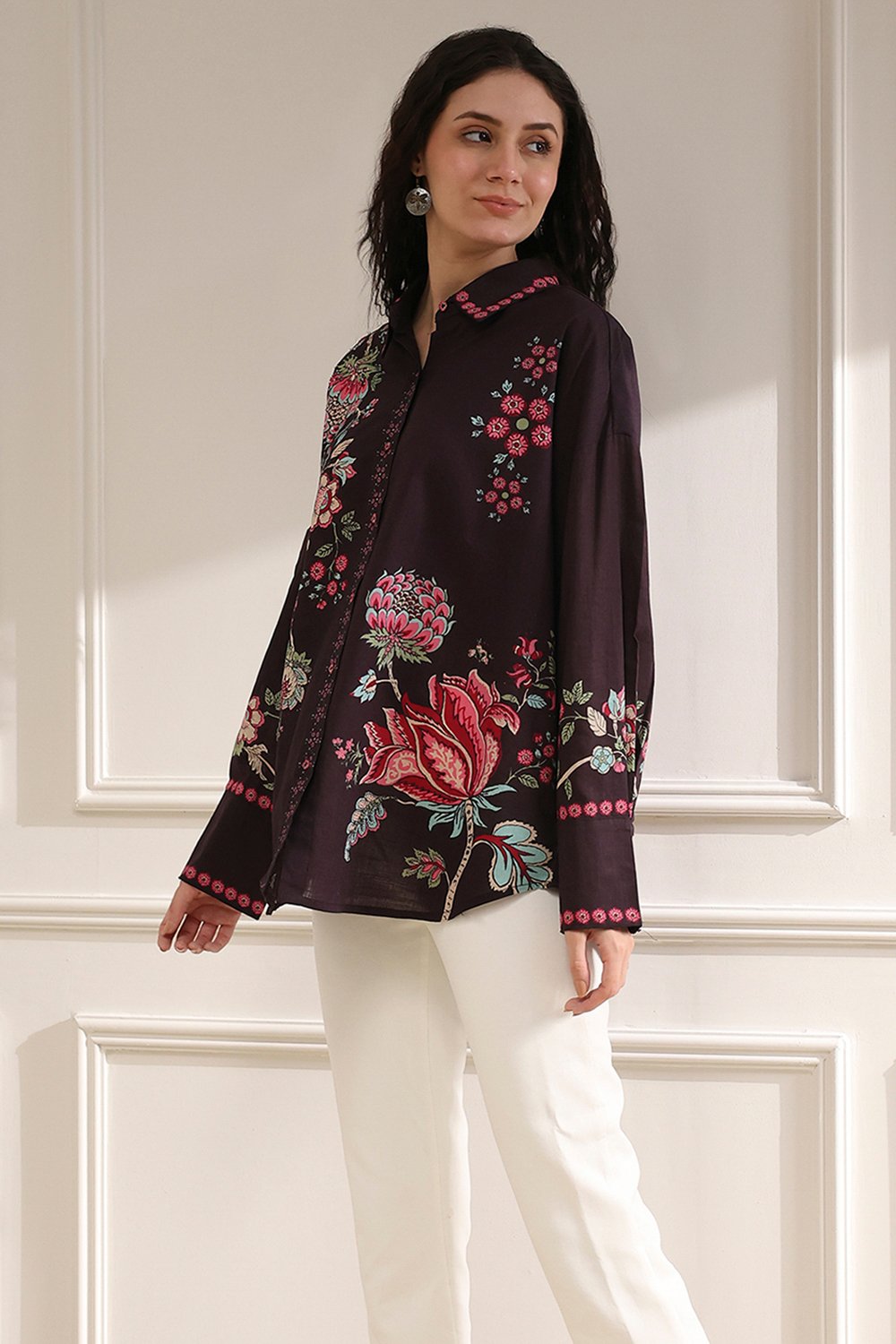 Brown Cotton Floral Printed Shirt image number 2