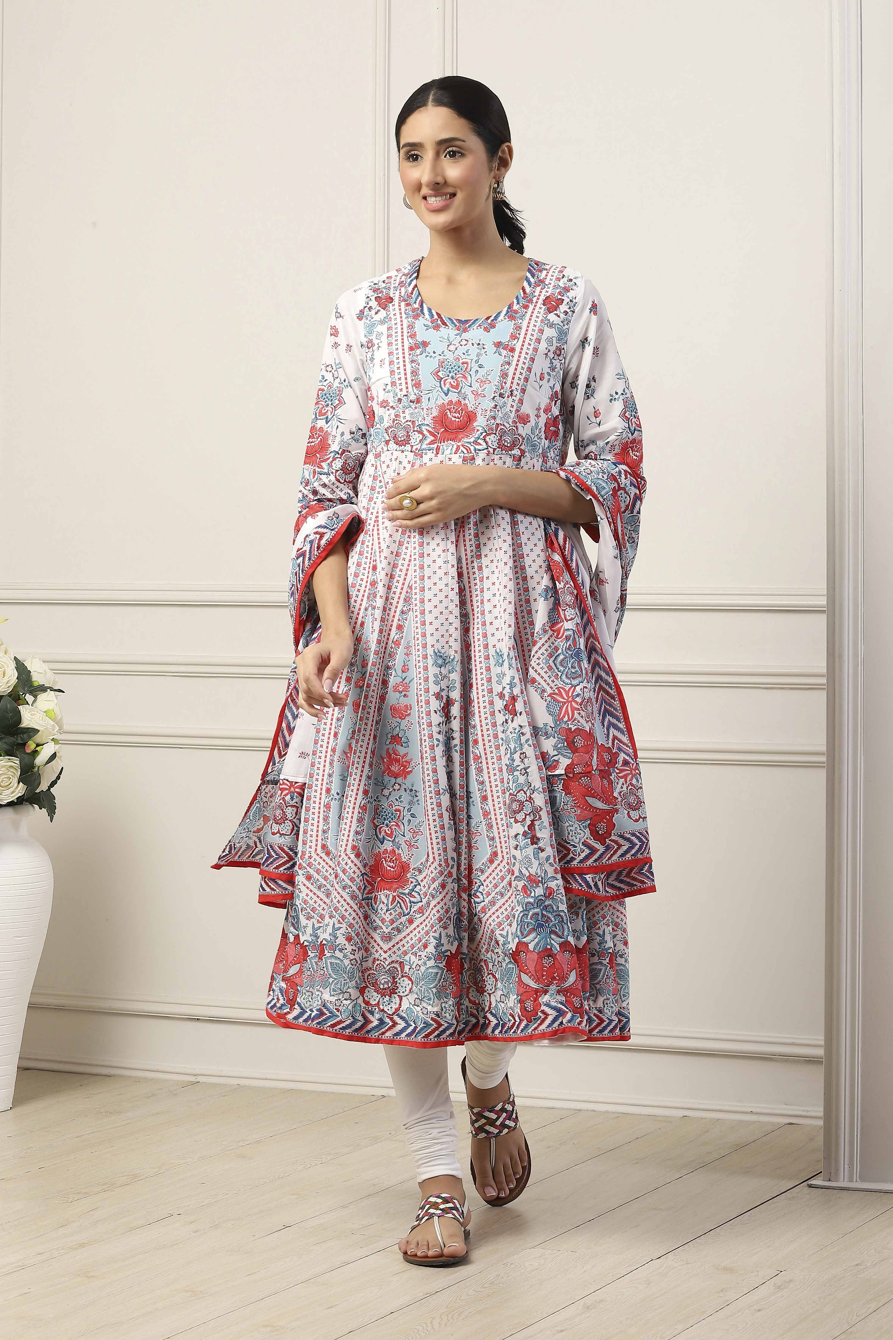 White Cotton Floral Printed Kalidar Suit Set image number 6