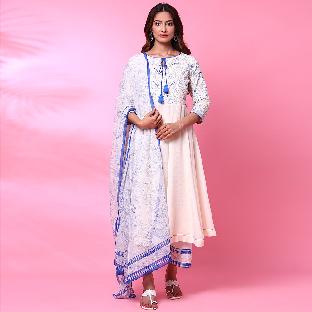 Off White Cotton Anarkali Kurta Palazzo Suit Set image number 0