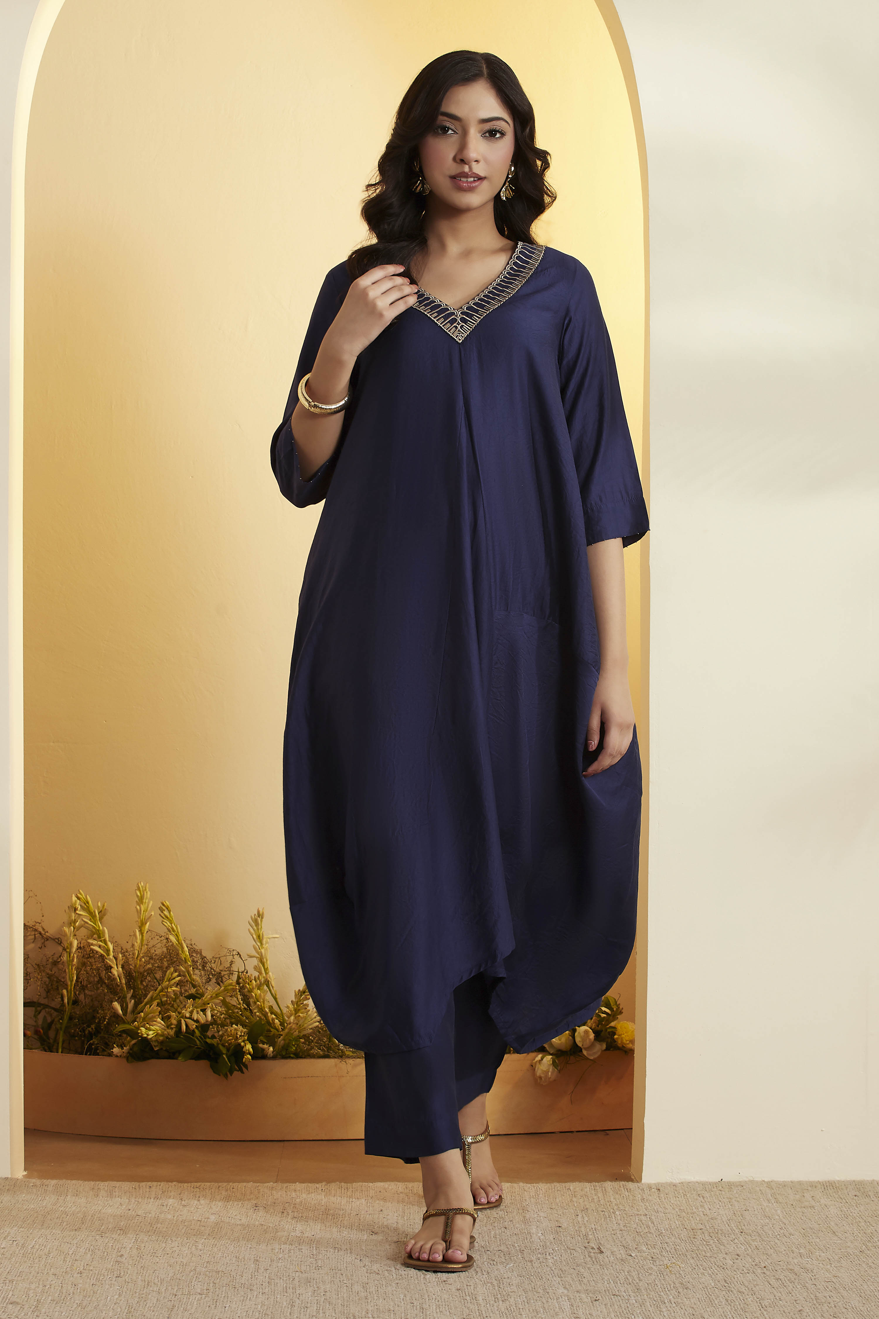 Navy Viscose Silk Kalidar Kurta Pants Set image number 0