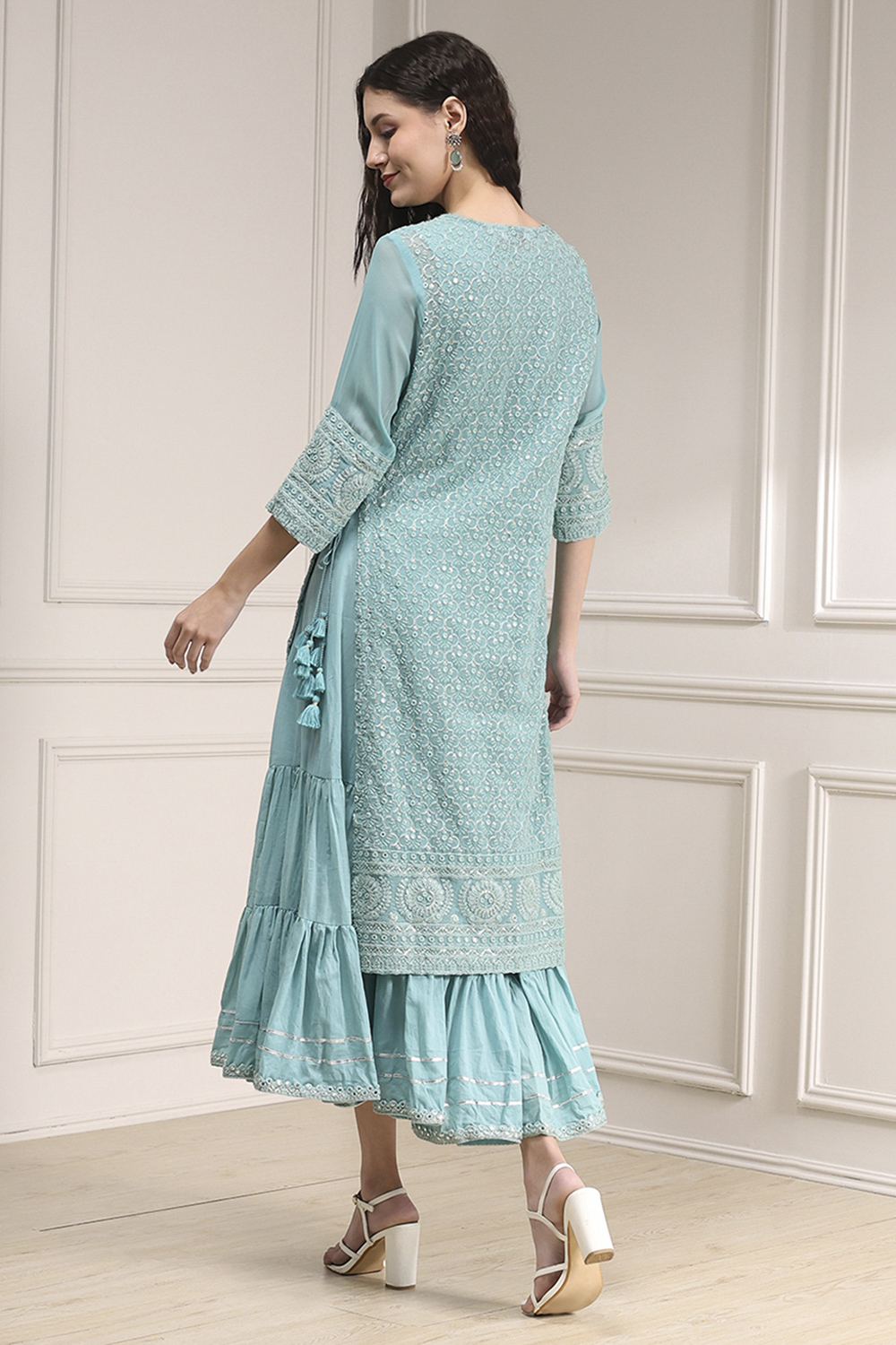 Powder Blue Cotton Blend Layered Embroidered Fusion Set image number 4