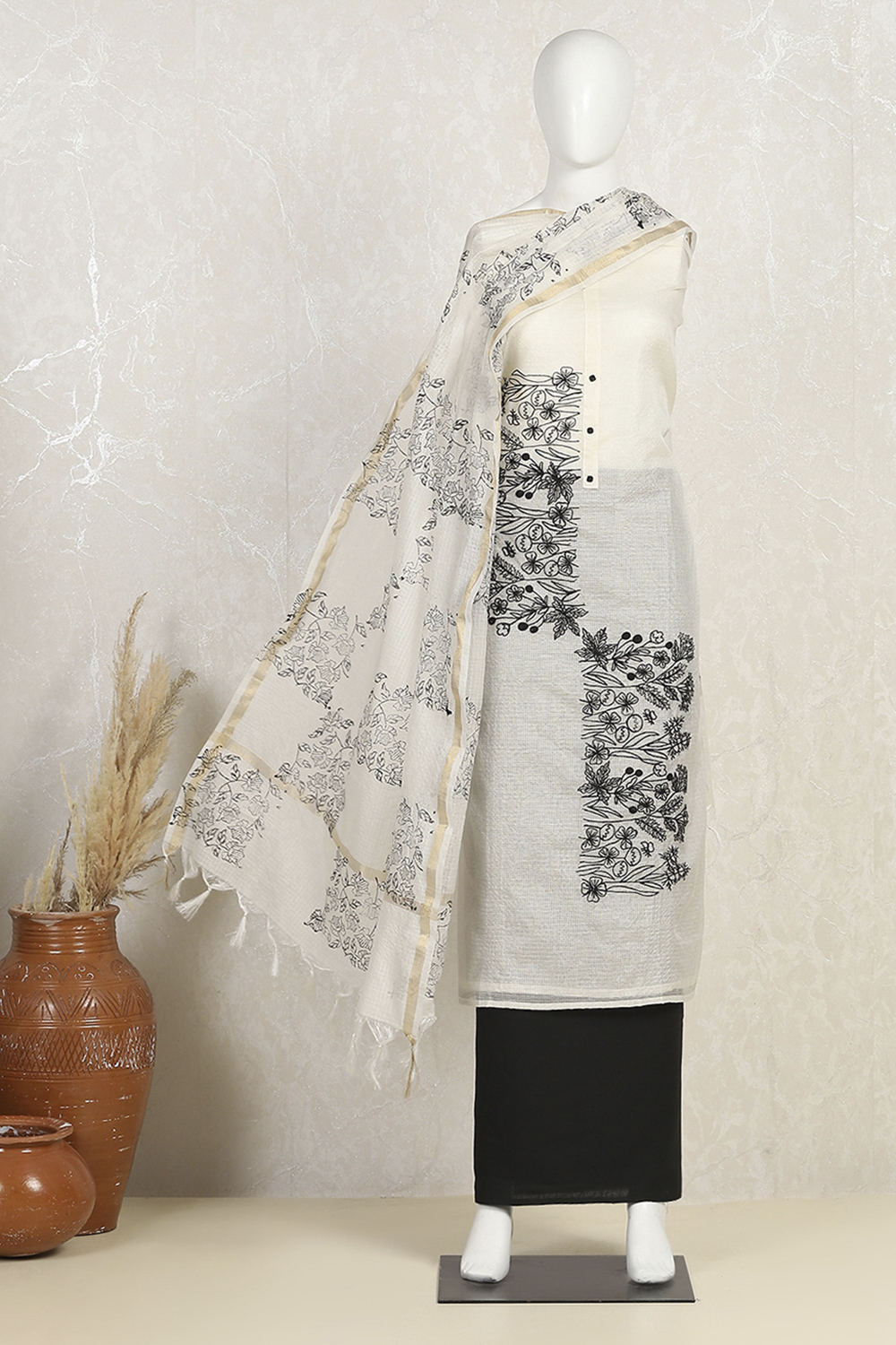 Off White Cotton Machine Embroidered Unstitched Suit Set image number 4