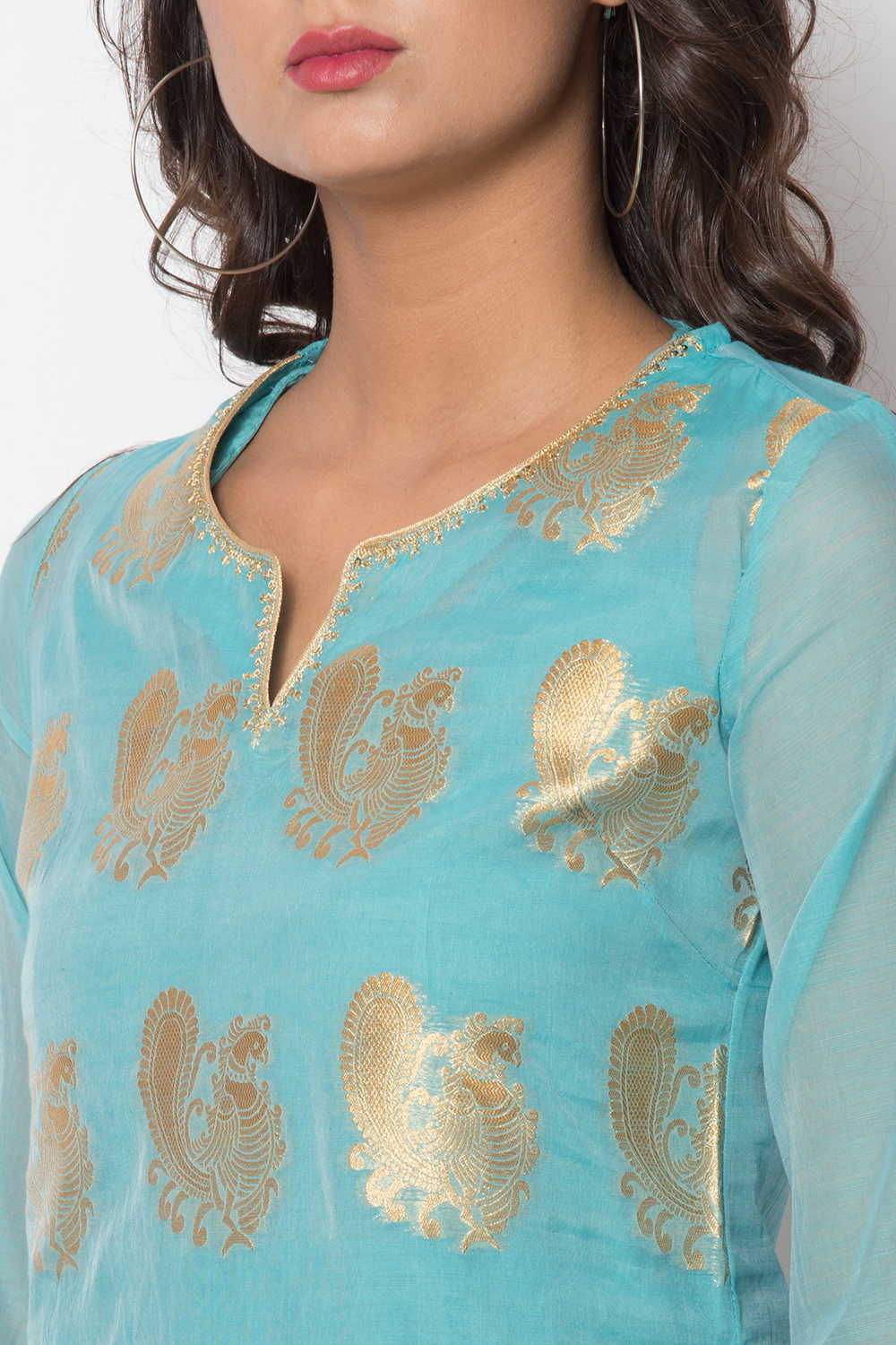 Peach Poly Metallic Cotton Flared Yarndyed Kurta image number 1