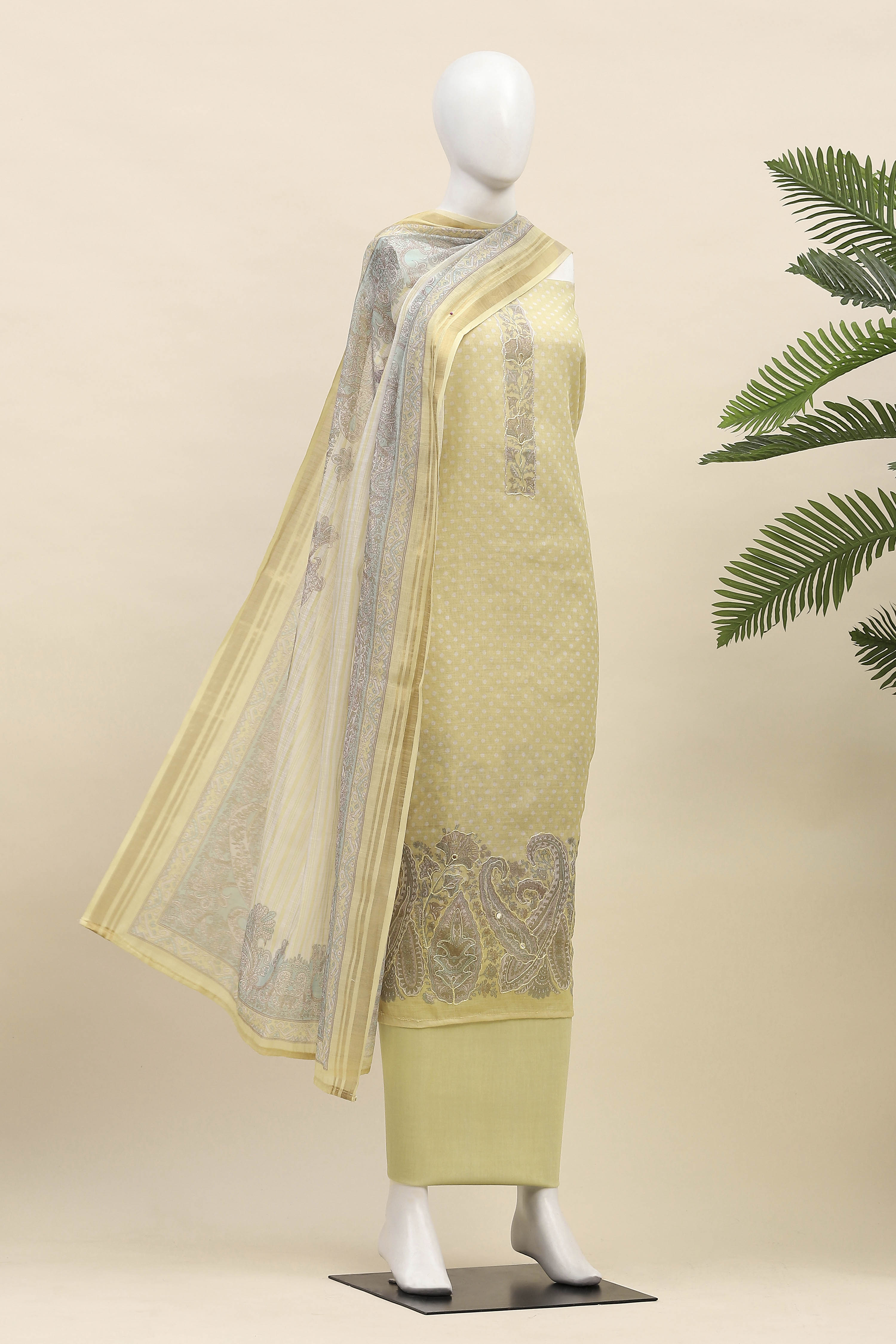 Sky Blue Linen Unstitched Suit Set image number 4