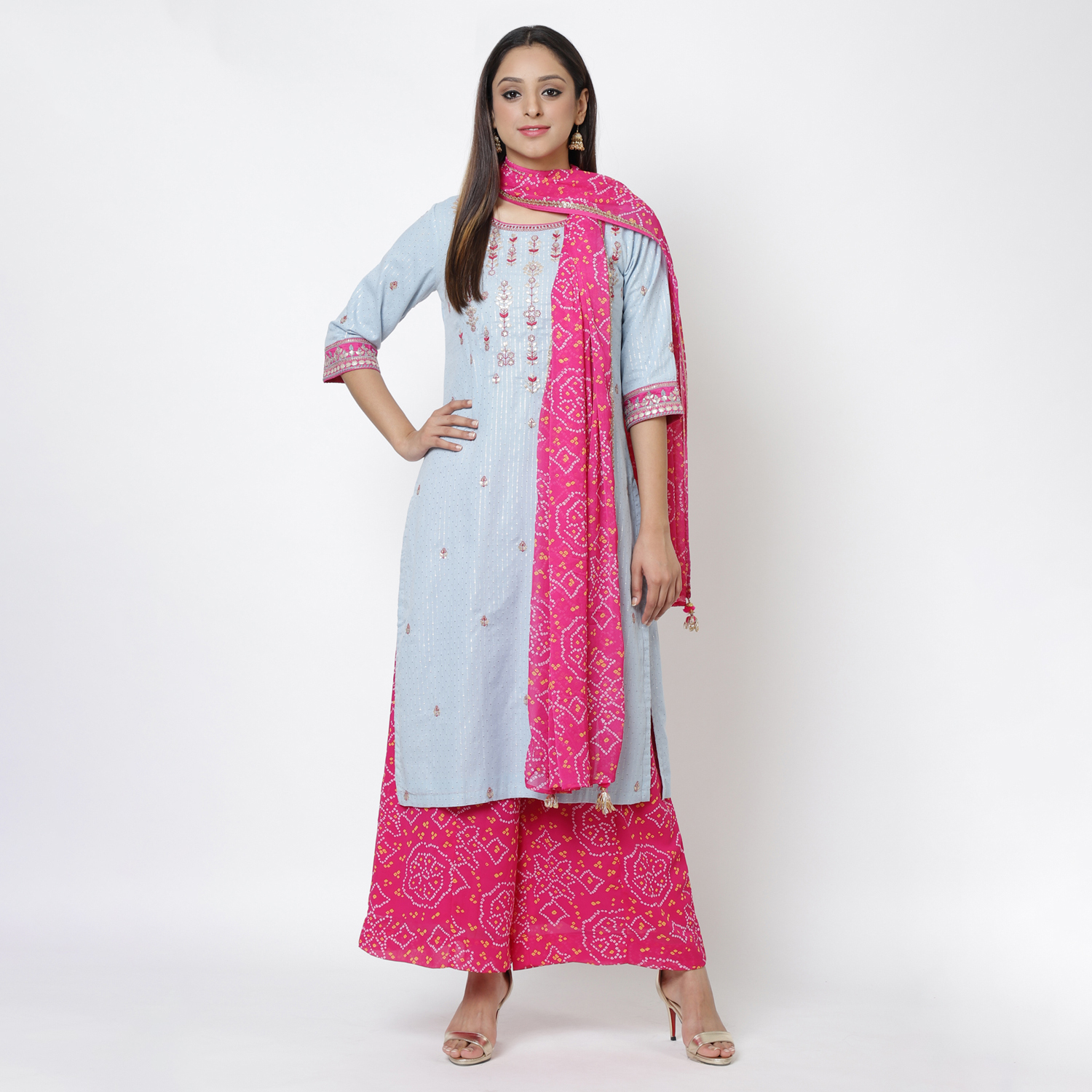Pink Metallic Cotton Straight Kurta Flared Palazzo Suit Set image number 0