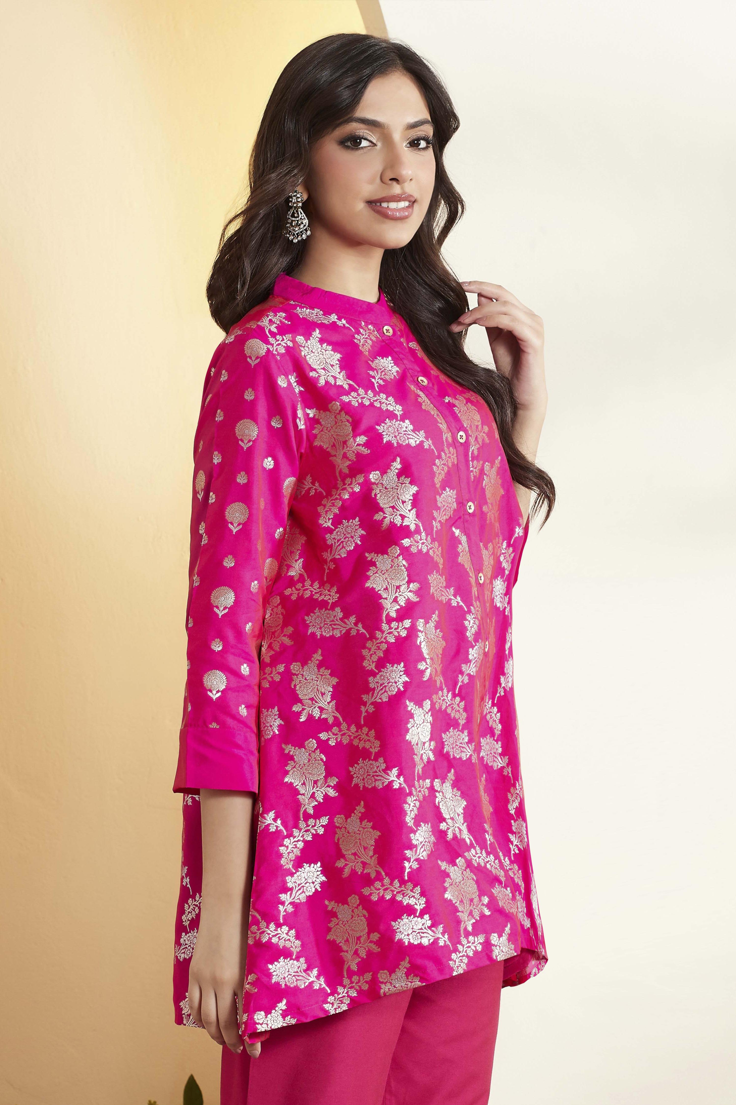 Pink Poly Viscose Yarndyed A-Line Shirt image number 4